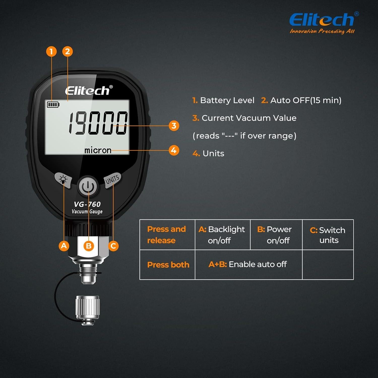 Medidor de Vacío Digital Elitech VG-760 0-19000 Micrón HVAC