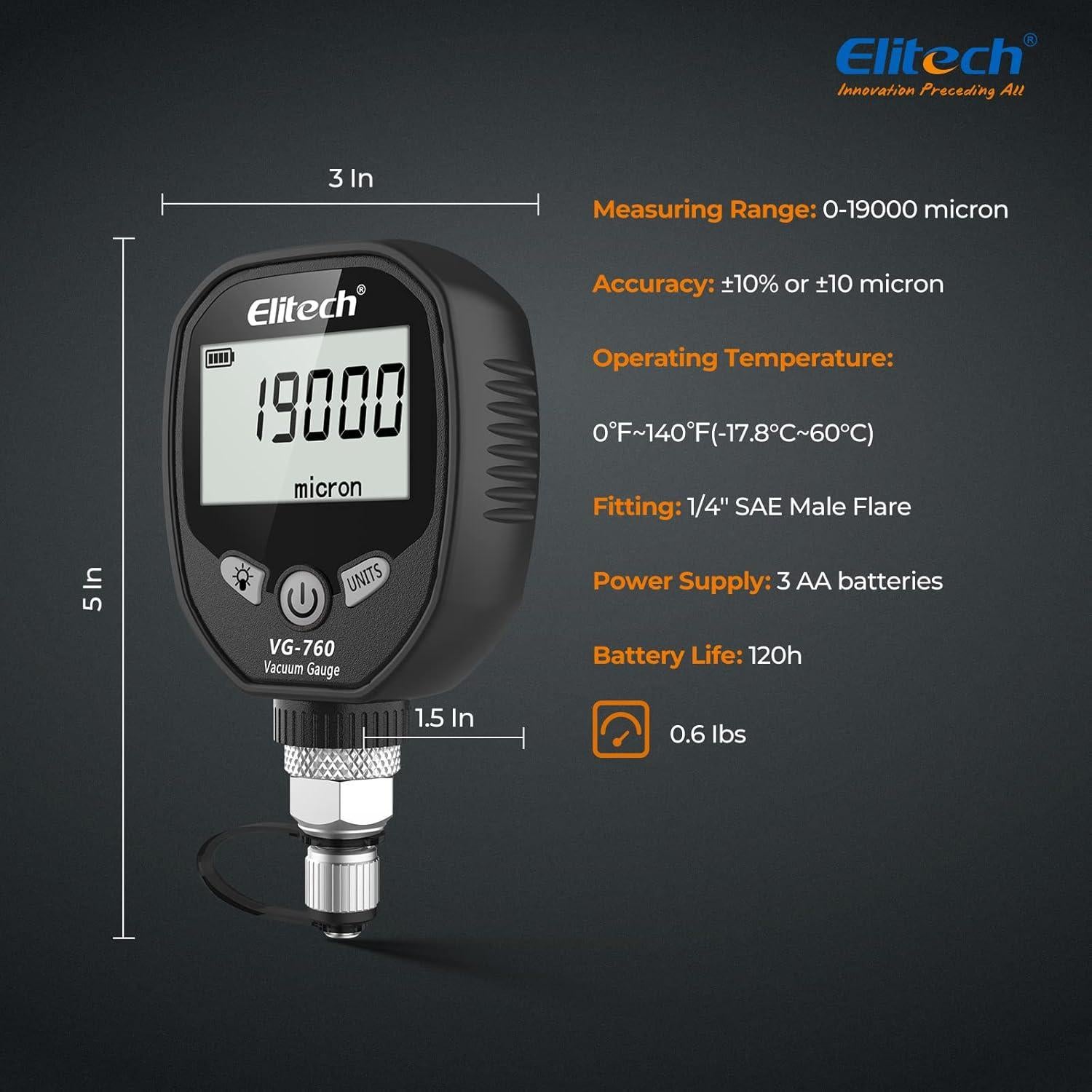Medidor de Vacío Digital Elitech VG-760 0-19000 Micrón HVAC