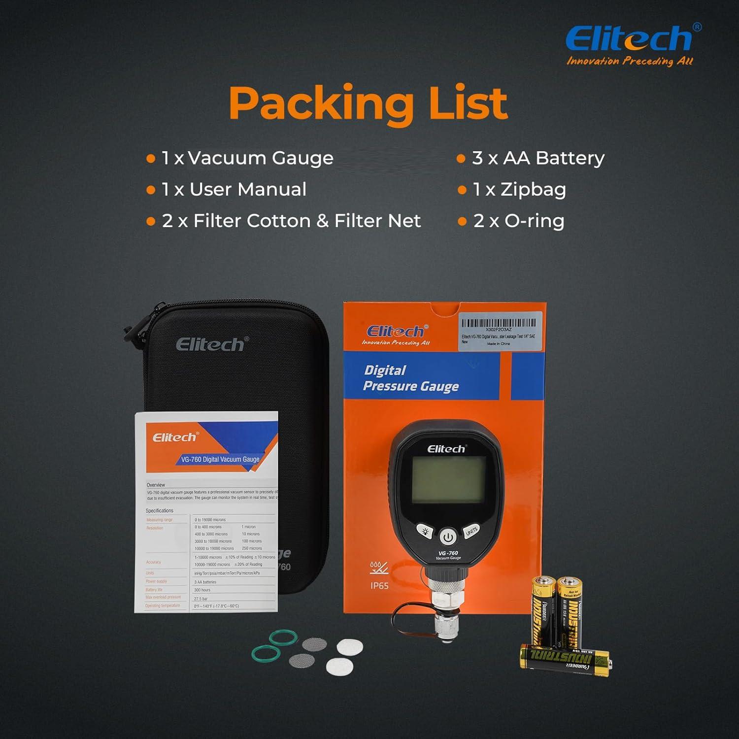 Medidor de Vacío Digital Elitech VG-760 0-19000 Micrón HVAC
