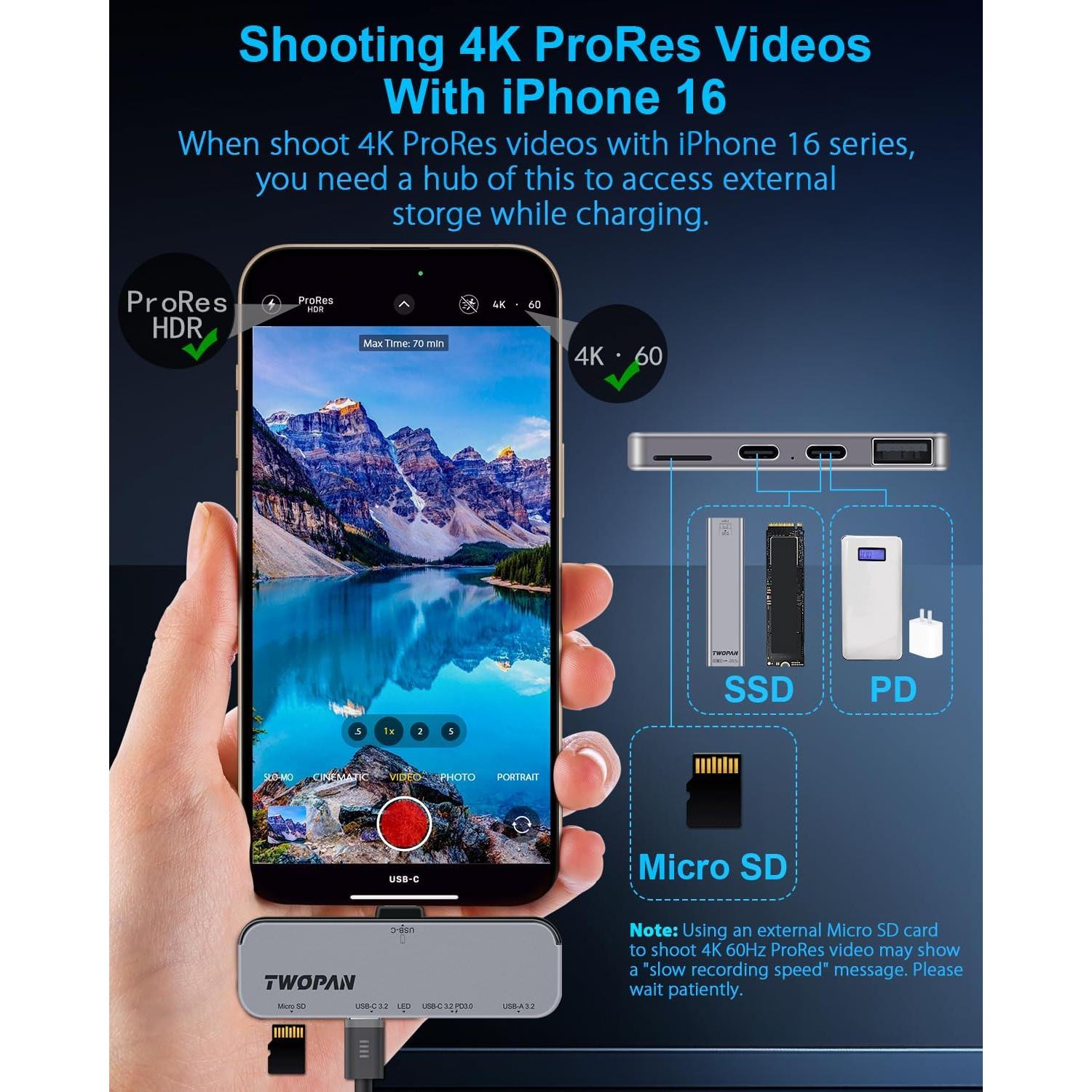 Hub USB C TWOPAN para iPhone 16/15 - Grabación 4K ProRes