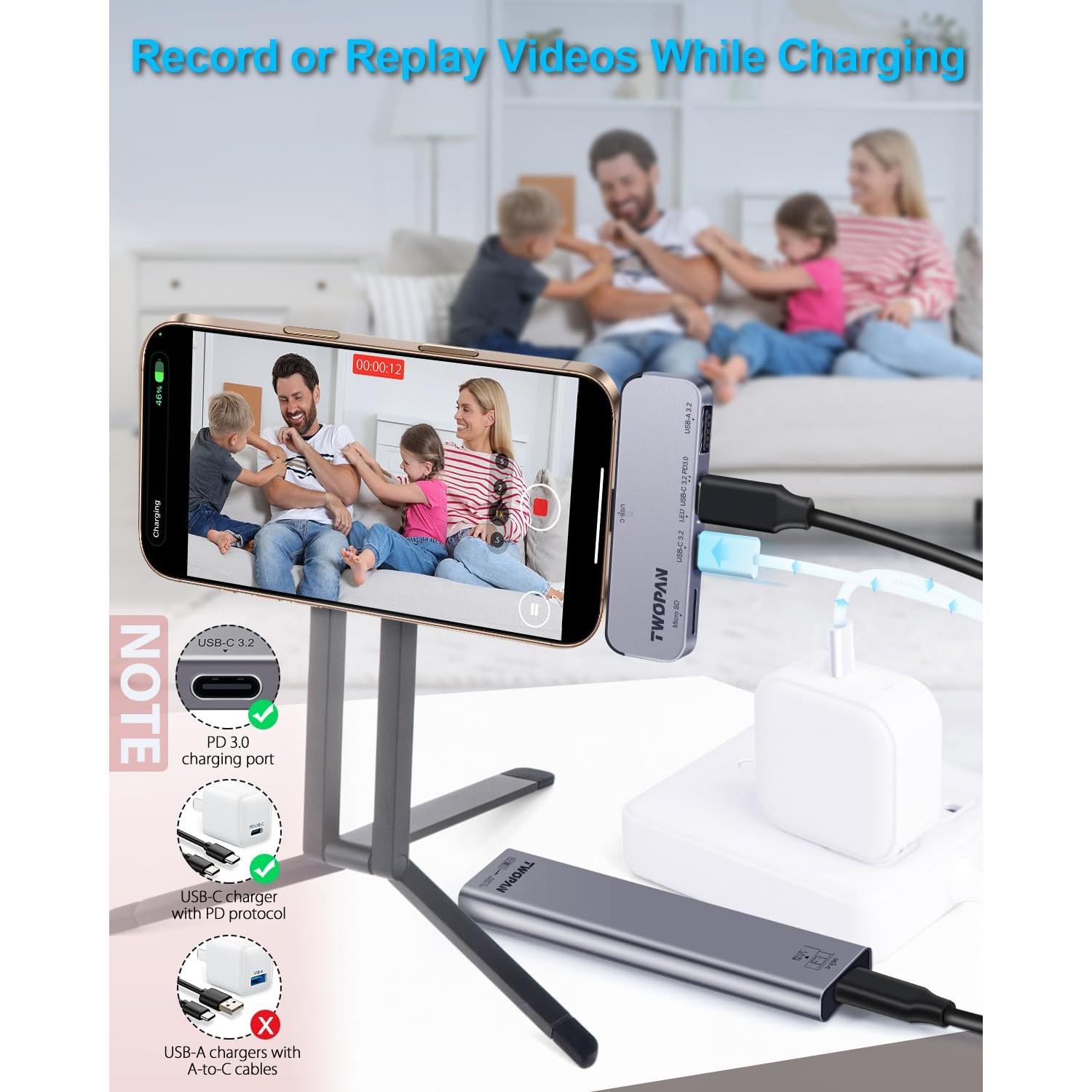 Hub USB C TWOPAN para iPhone 16/15 - Grabación 4K ProRes