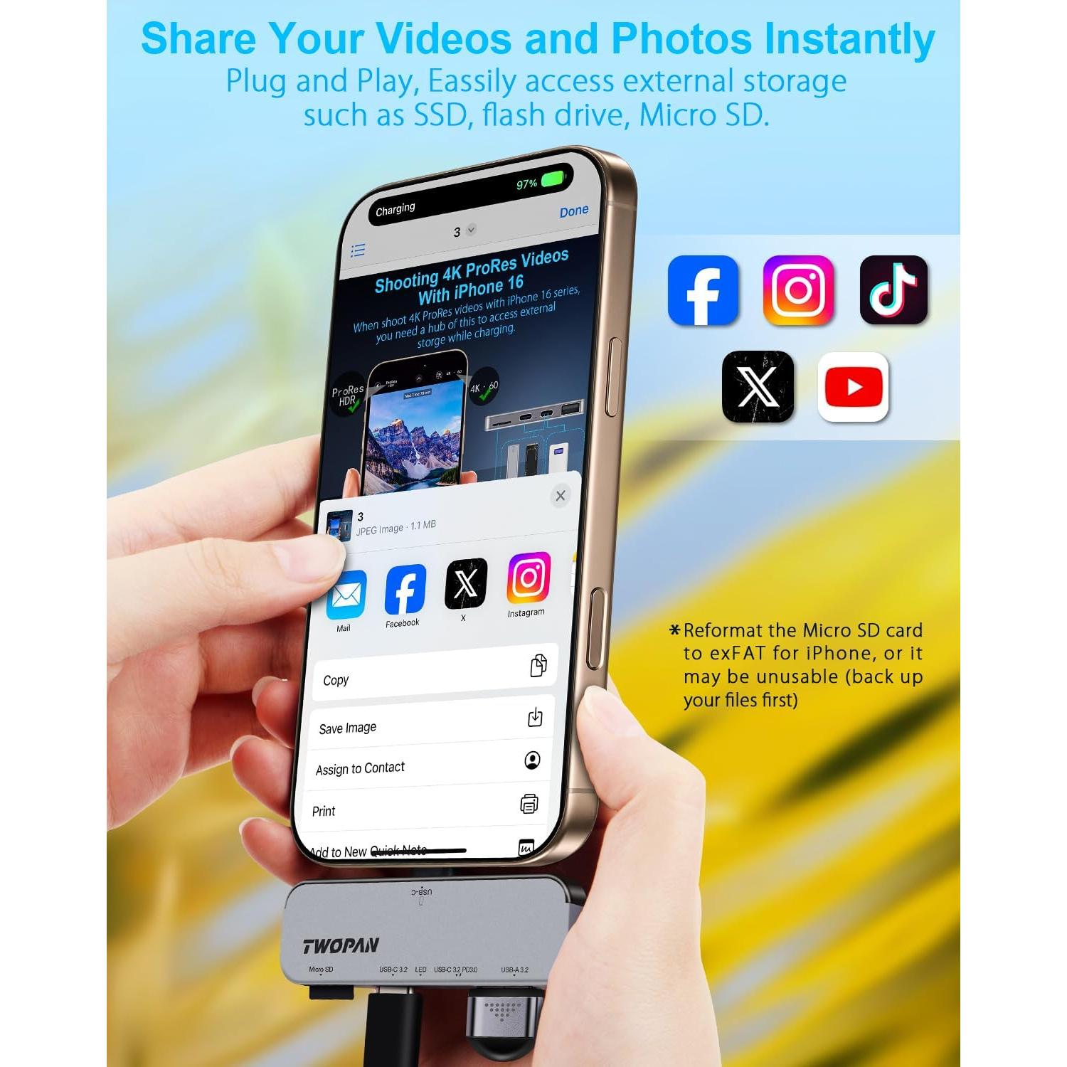 Hub USB C TWOPAN para iPhone 16/15 - Grabación 4K ProRes