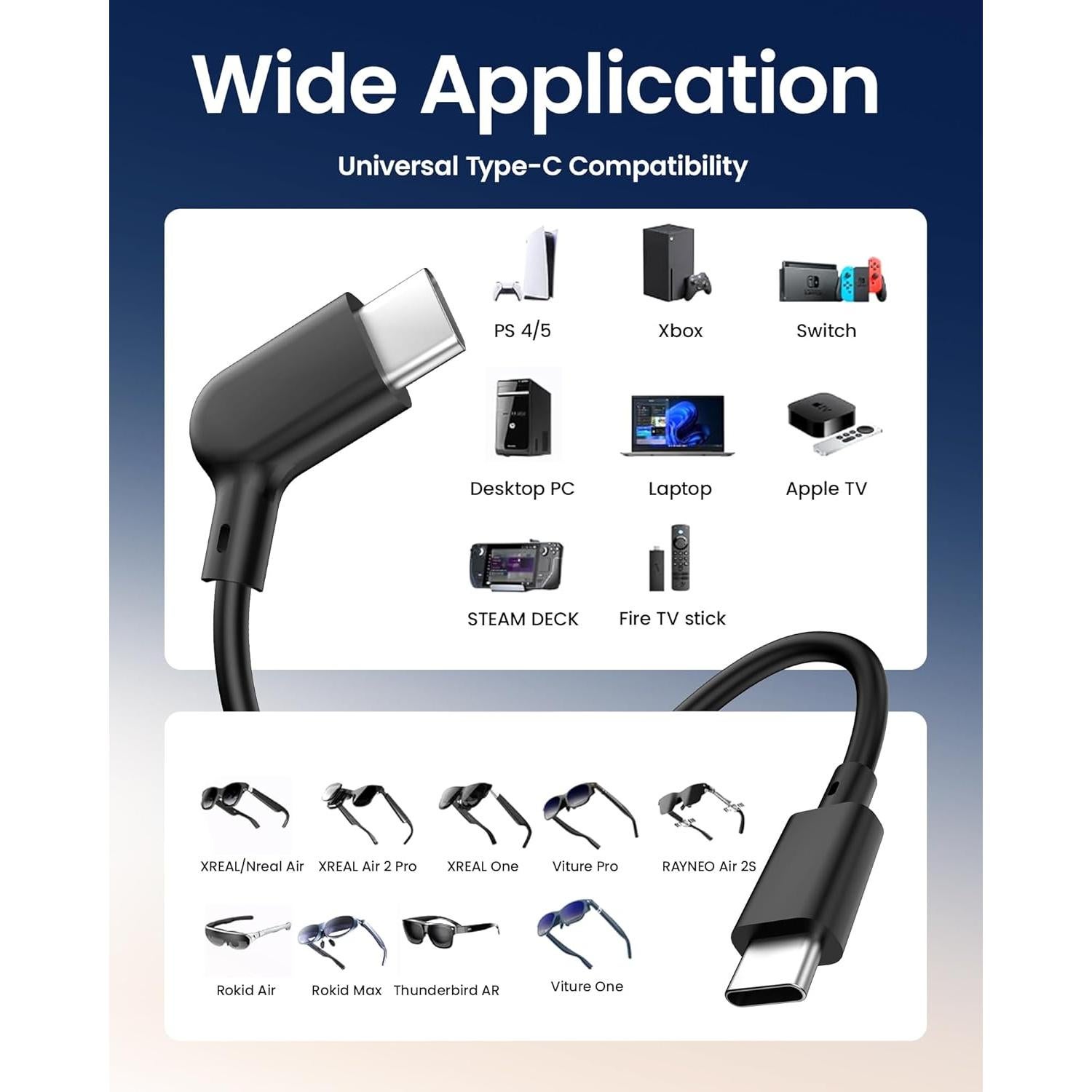 Cable USB-C 1.2m para Gafas AR XREAL VITURE - 20Gbps