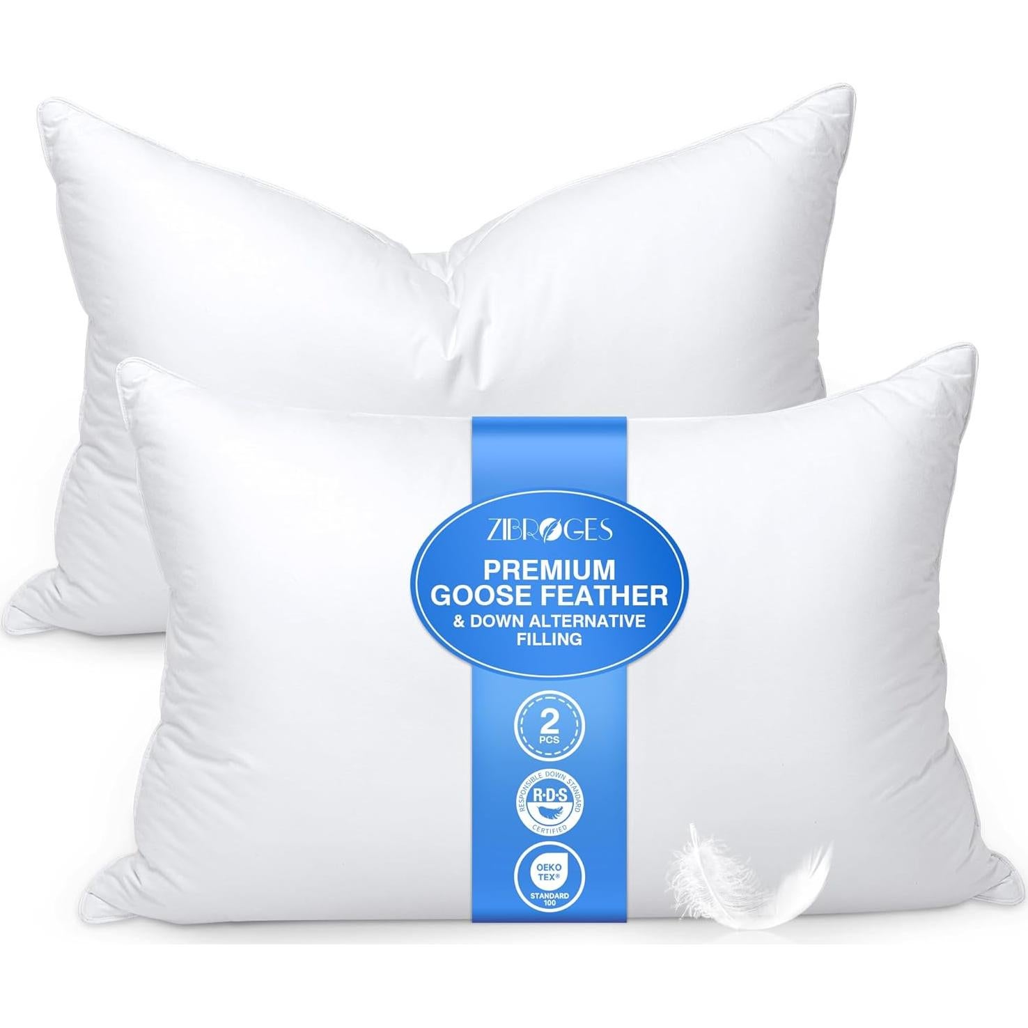 Juego de 2 almohadas de plumas de ganso Zibroges tamaño queen