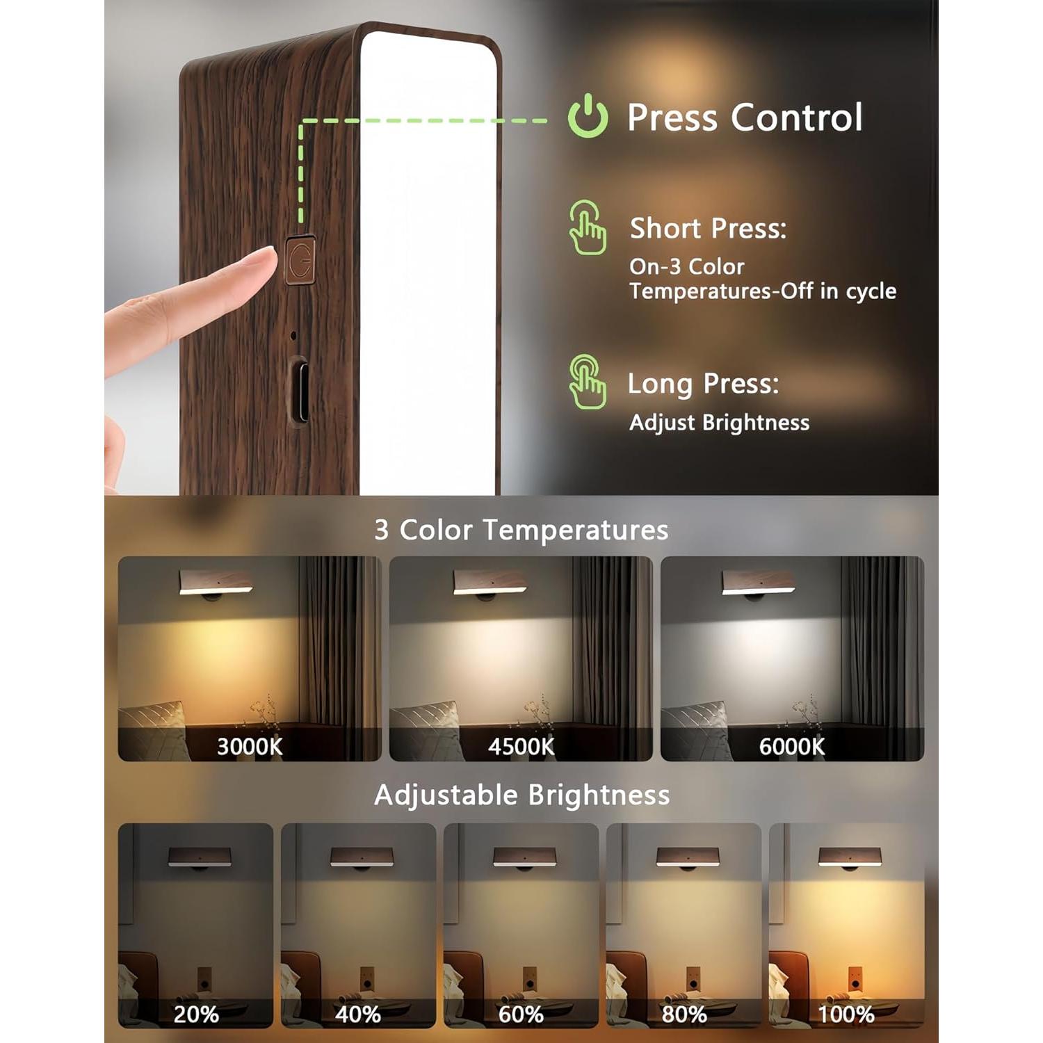 Juego de 2 Apliques de Pared LED iThird Madera Recargables