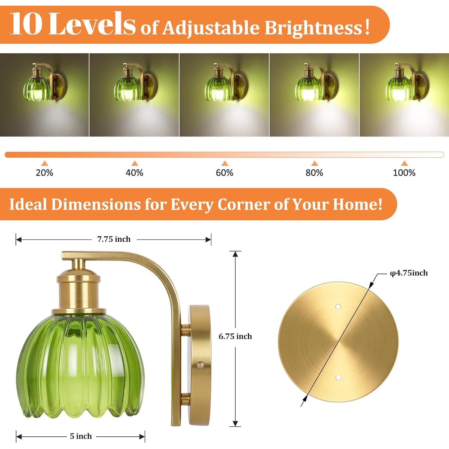 Juego de 2 Apliques de Pared Recargables Verde y Dorado