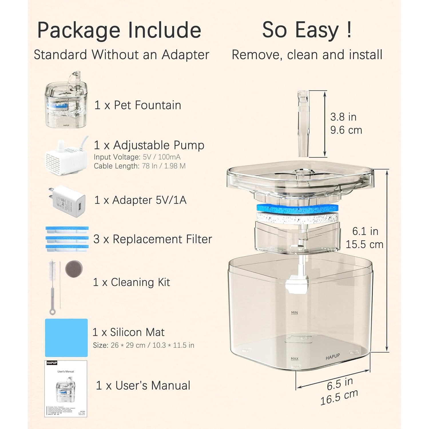 Cat Water Fountain - Automatic 2.2L Square Pet Fountain with Smart Pump and Replacement Filters