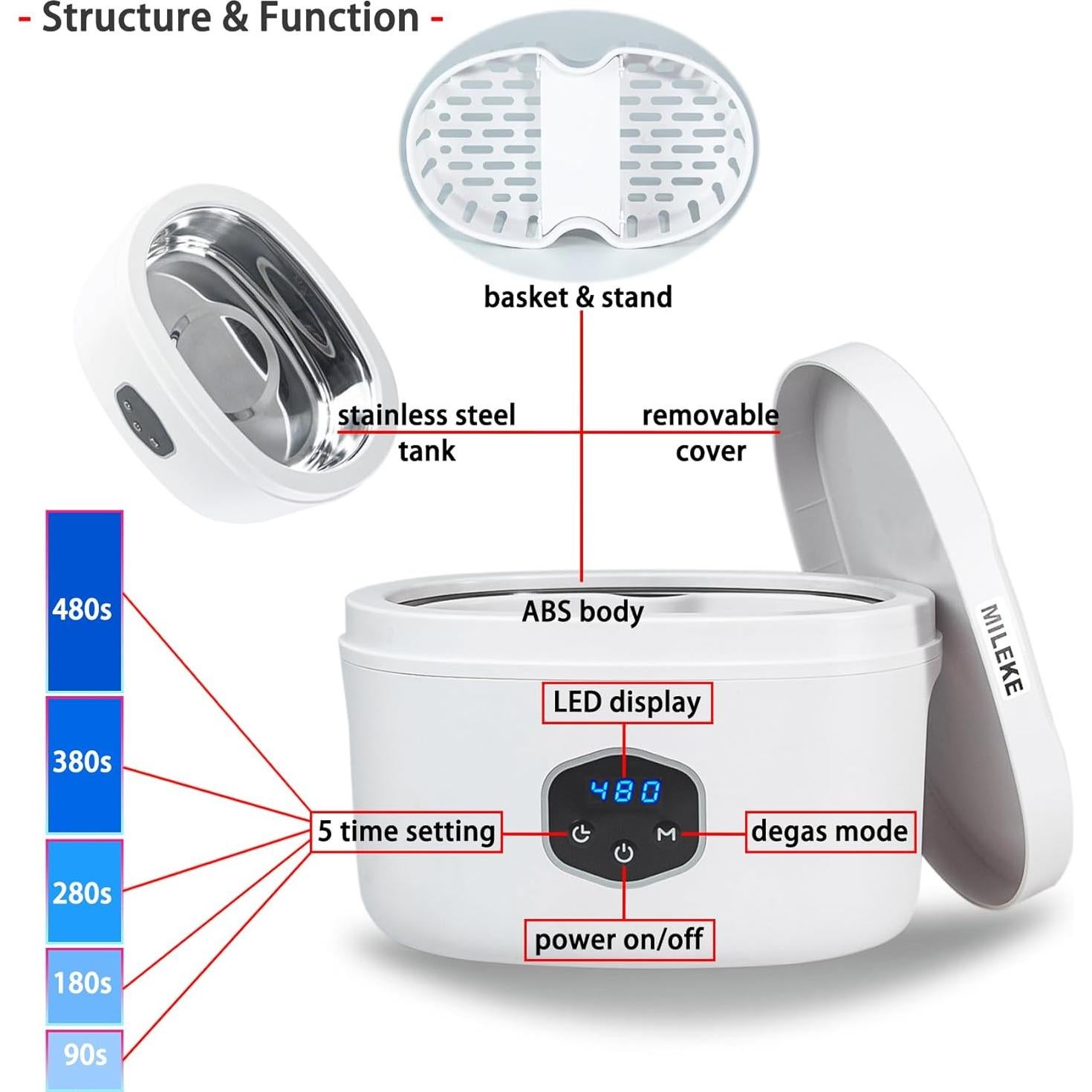 Limpiador Ultrasónico de Joyas MILEKE 600ml 40KHz con Función Degas