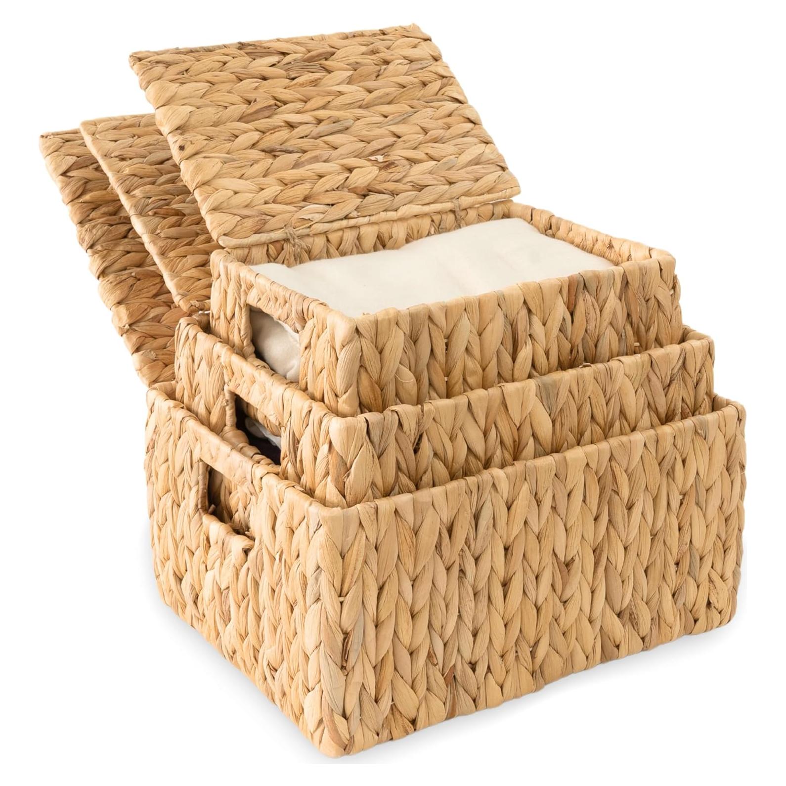 Juego de 3 Cestas de Almacenamiento KOLWOVEN con Tapa Beige