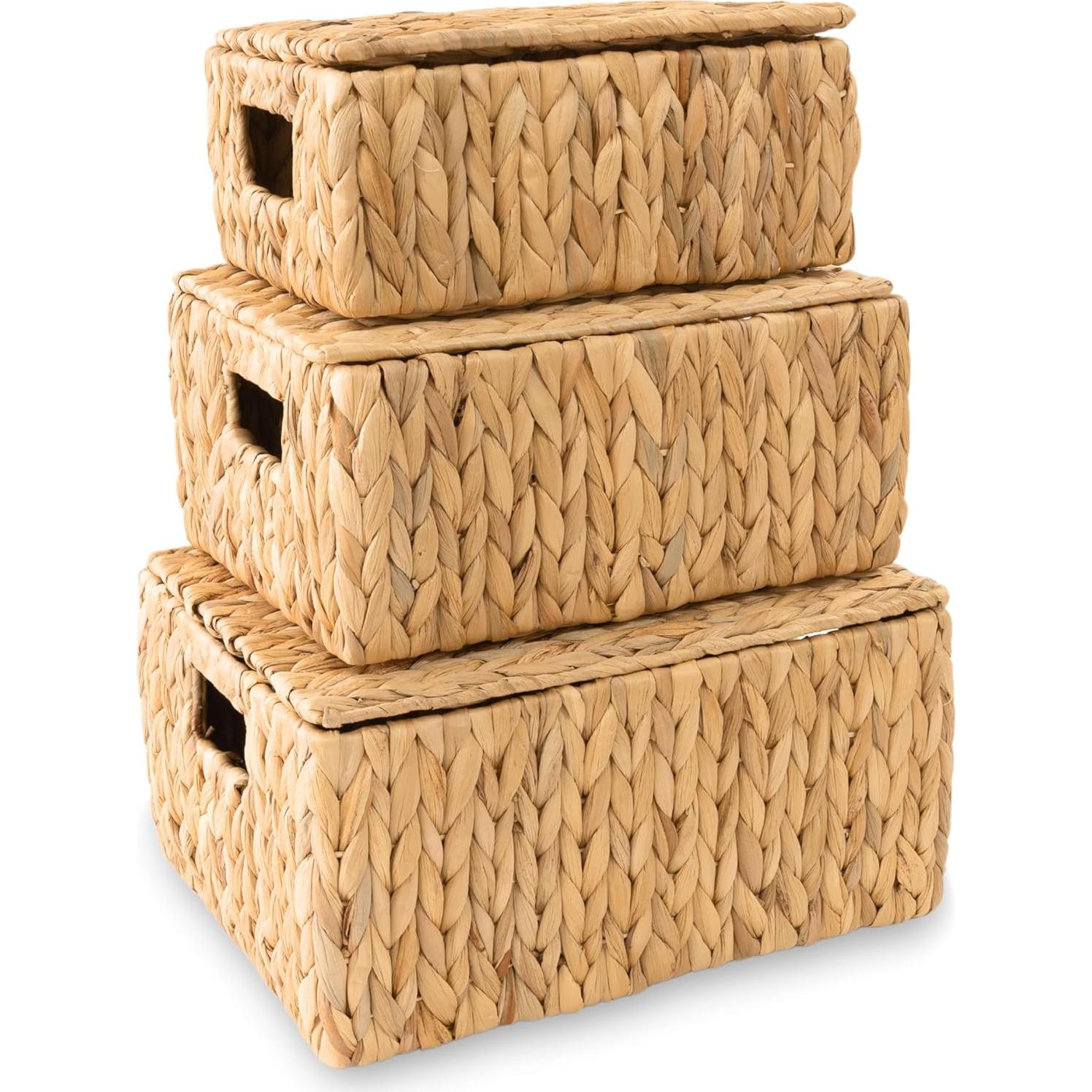 Juego de 3 Cestas de Almacenamiento KOLWOVEN con Tapa Beige