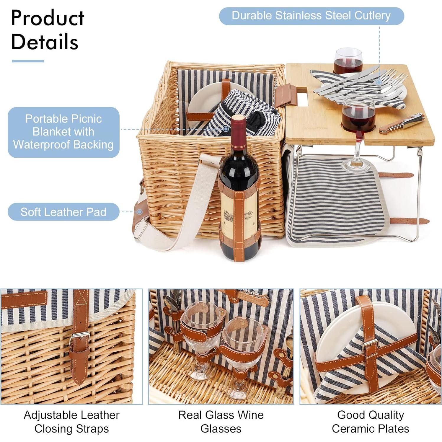 Cesta de Picnic WILLOW WEAVE para 2 con Mesa Desmontable y Manta