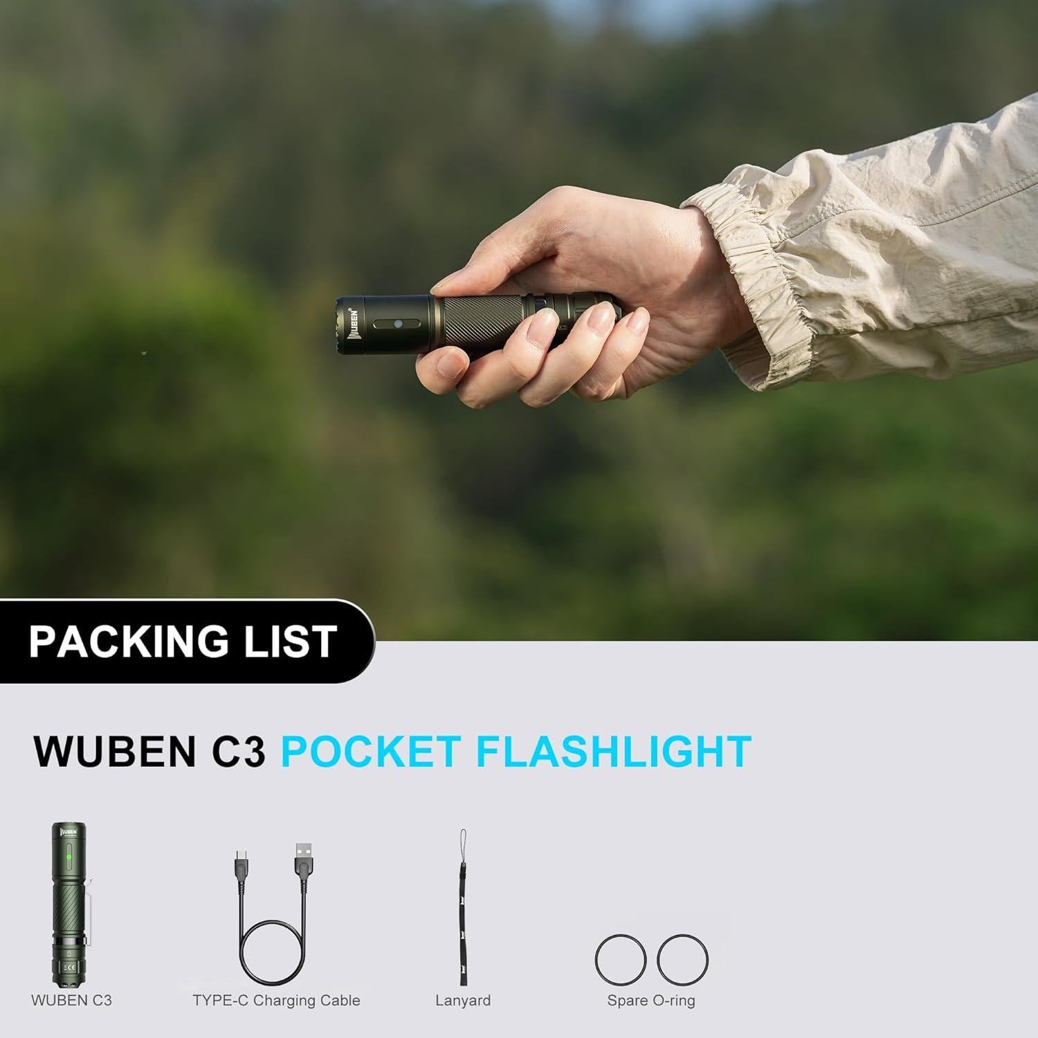 Linterna Recargable WUBEN C3 1200 Lúmenes LED IP68 Verde