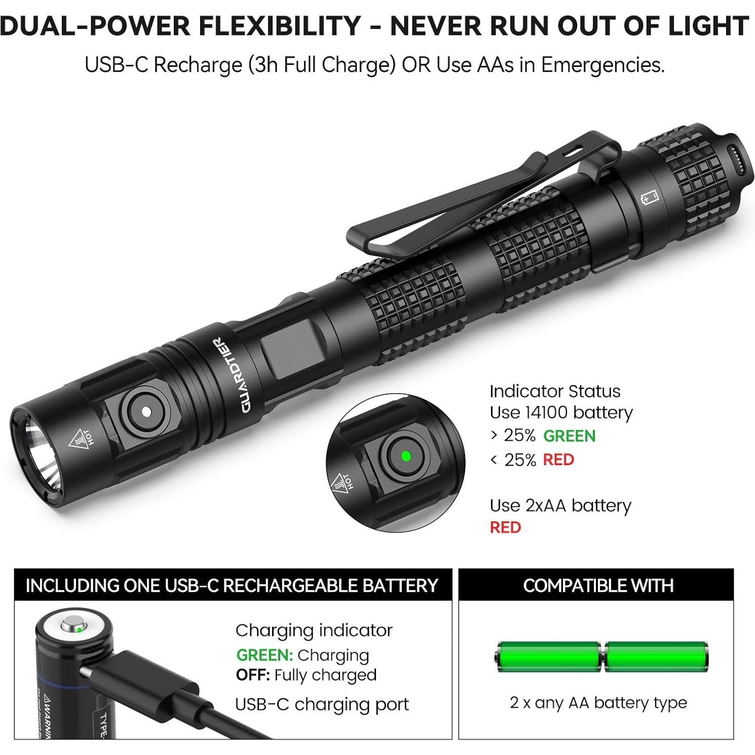 Linterna Táctica EDC Guardtier ML70 1500 Lúmenes Recargable