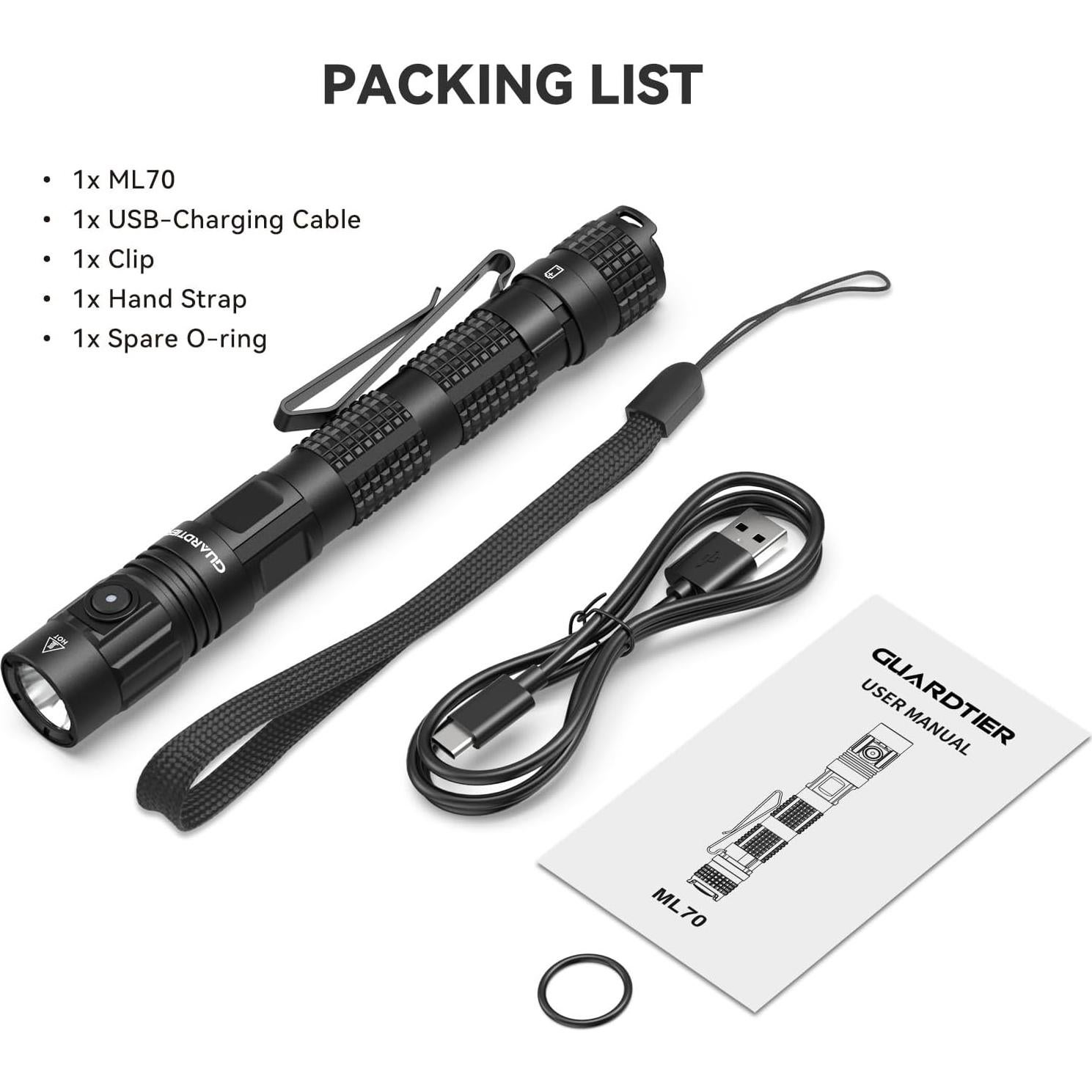 Linterna Táctica EDC Guardtier ML70 1500 Lúmenes Recargable