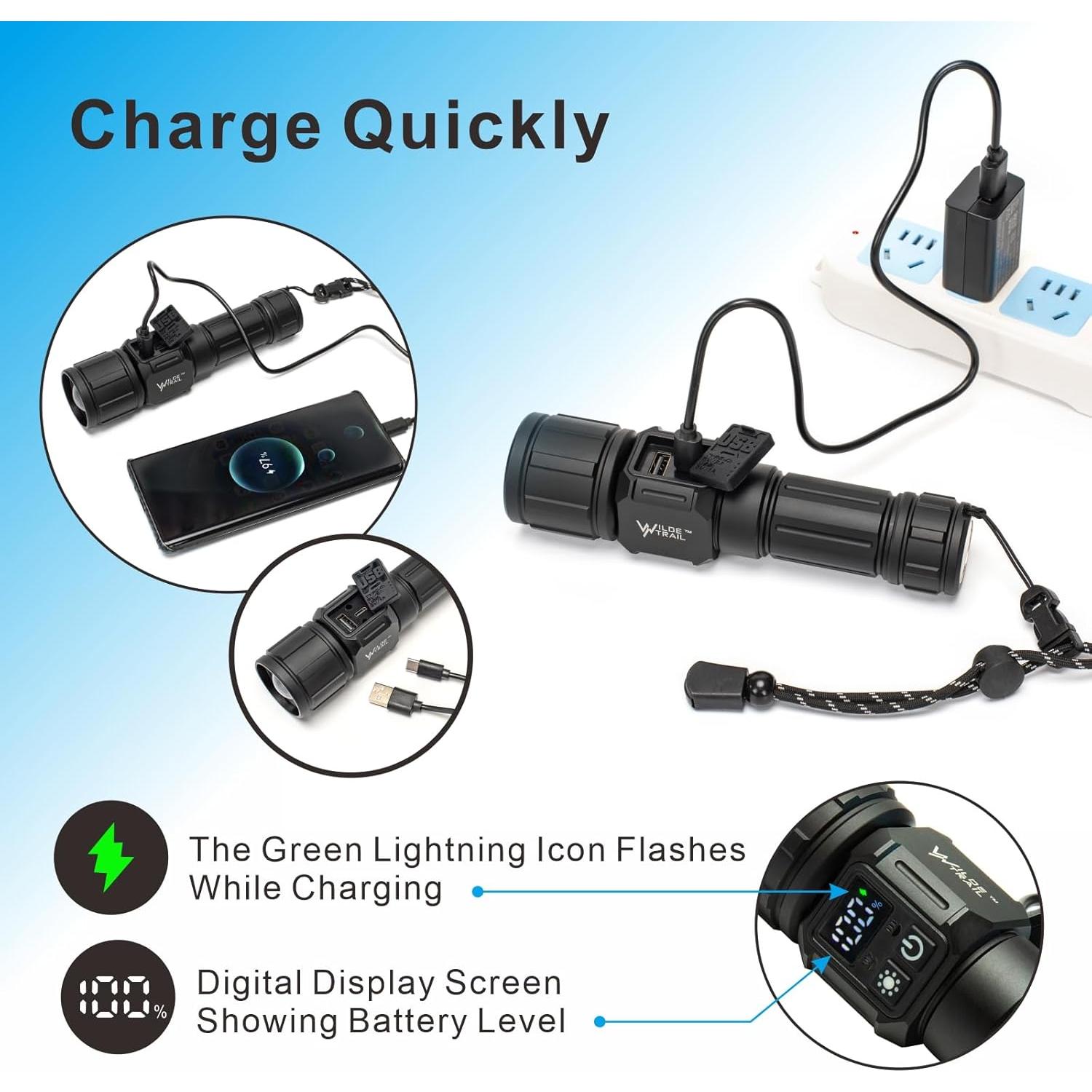 Linterna Táctica Recargable WILDE TRAIL 20000LM 9 Modos IPX4