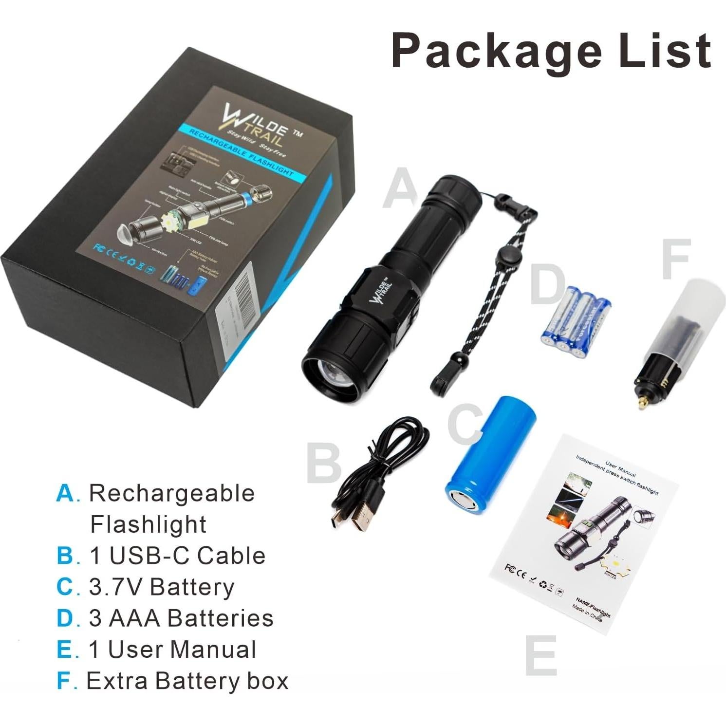 Linterna Táctica Recargable WILDE TRAIL 20000LM 9 Modos IPX4