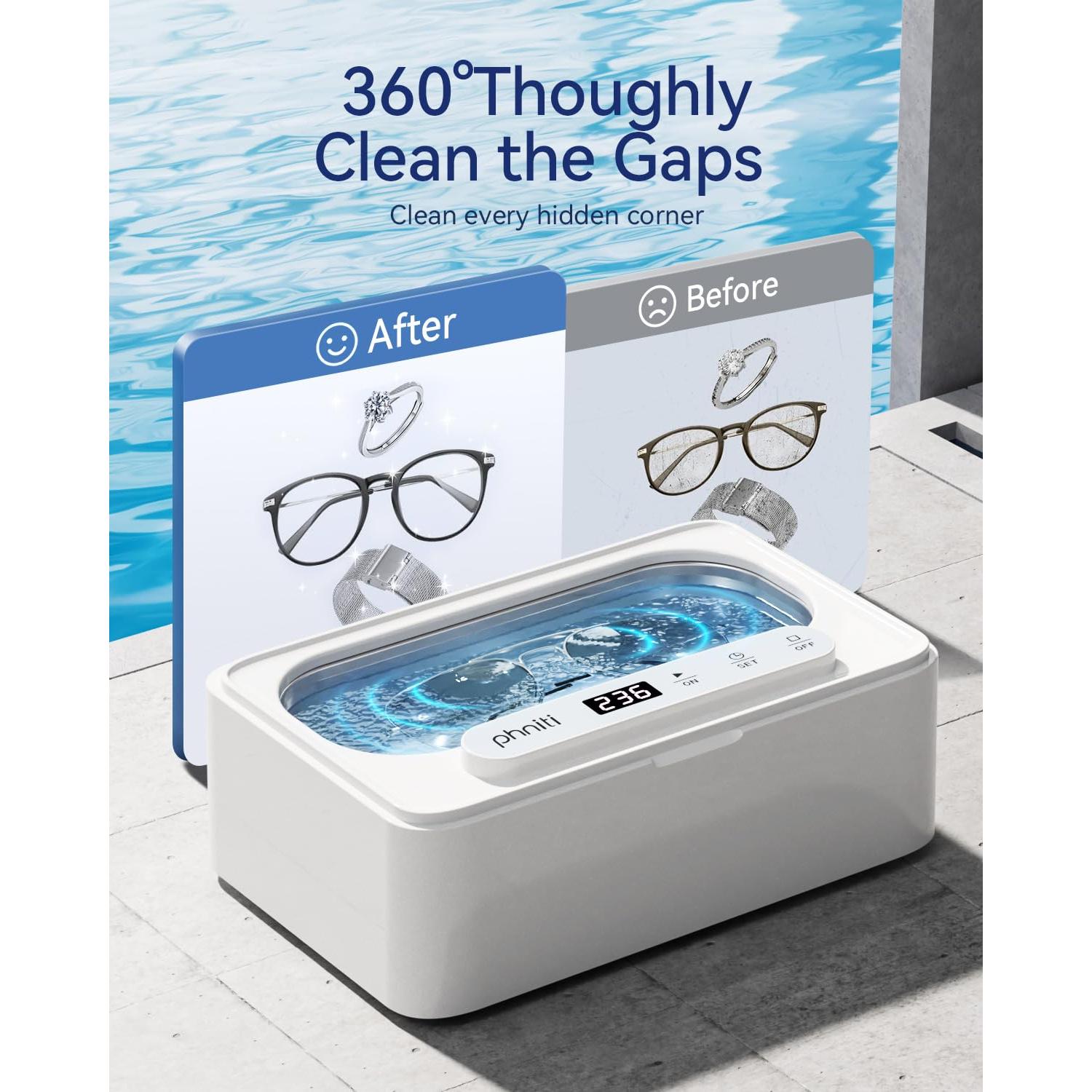 Limpiador Ultrasónico Phniti 330ml 47KHz para Joyas y Gafas