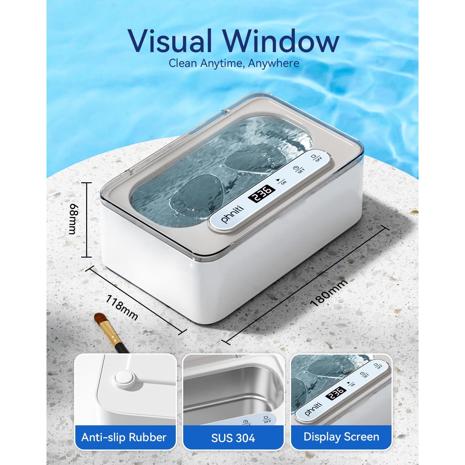 Limpiador Ultrasónico Phniti 330ml 47KHz para Joyas y Gafas