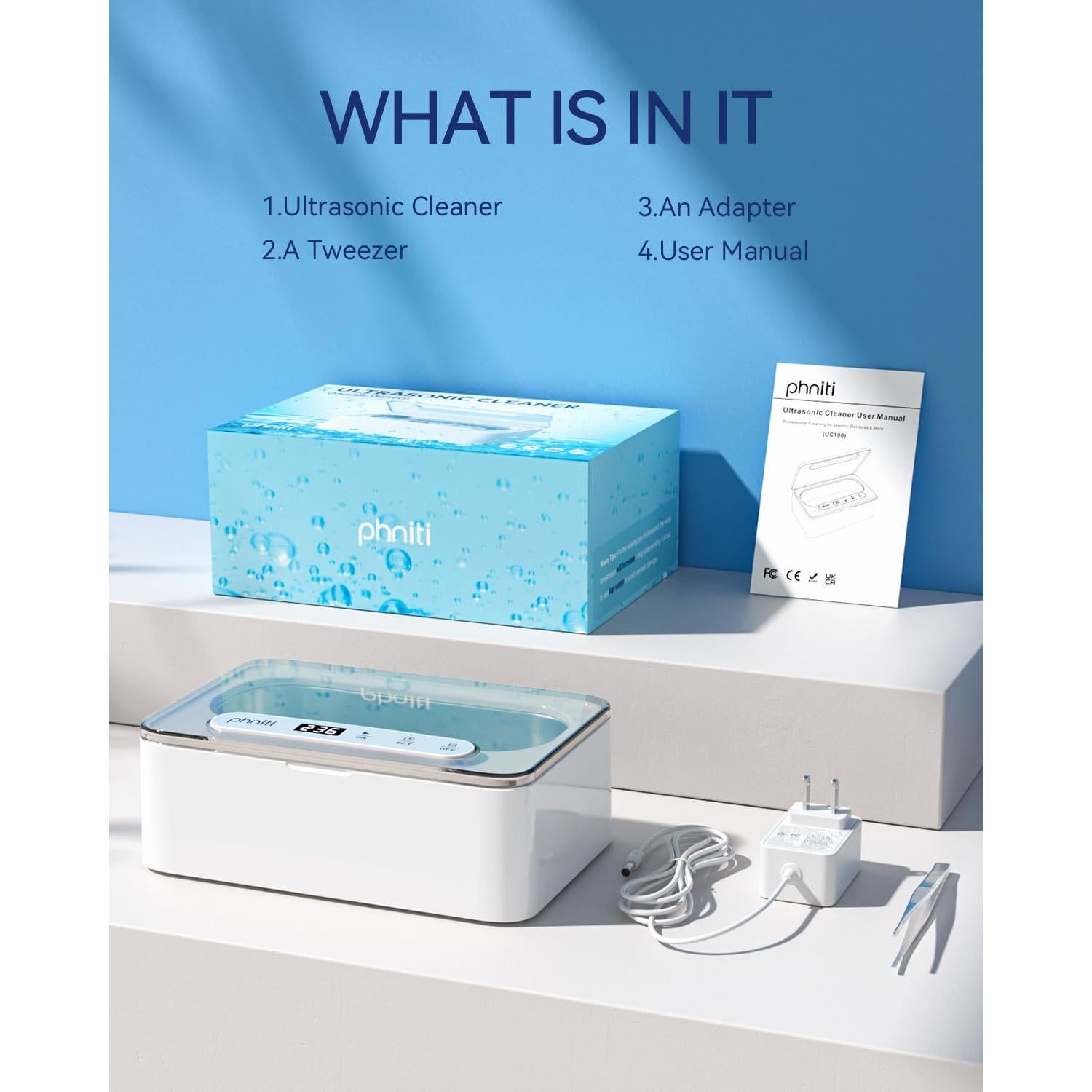 Limpiador Ultrasónico Phniti 330ml 47KHz para Joyas y Gafas
