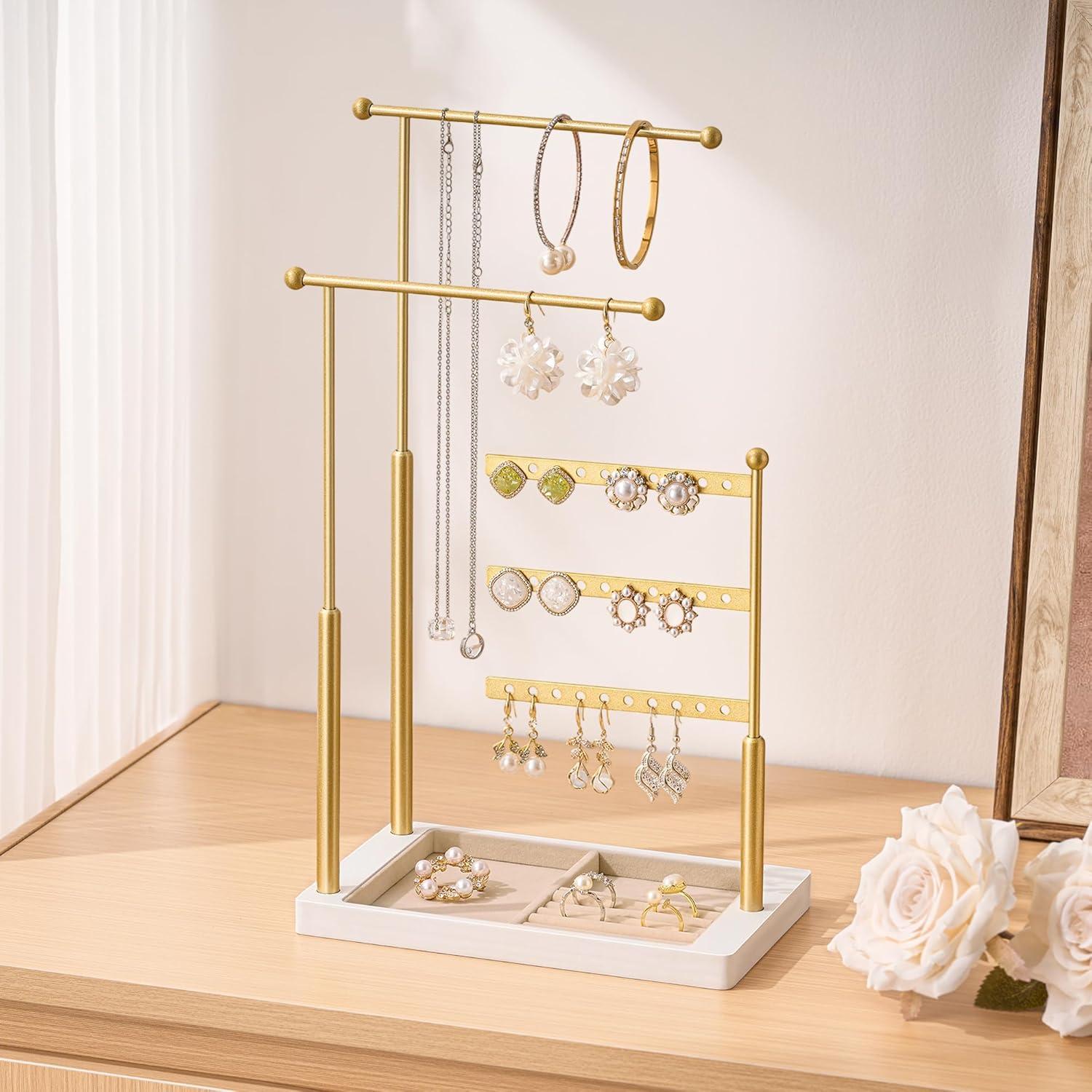 Soporte organizador de joyas Pickpiff 3 niveles dorado y blanco