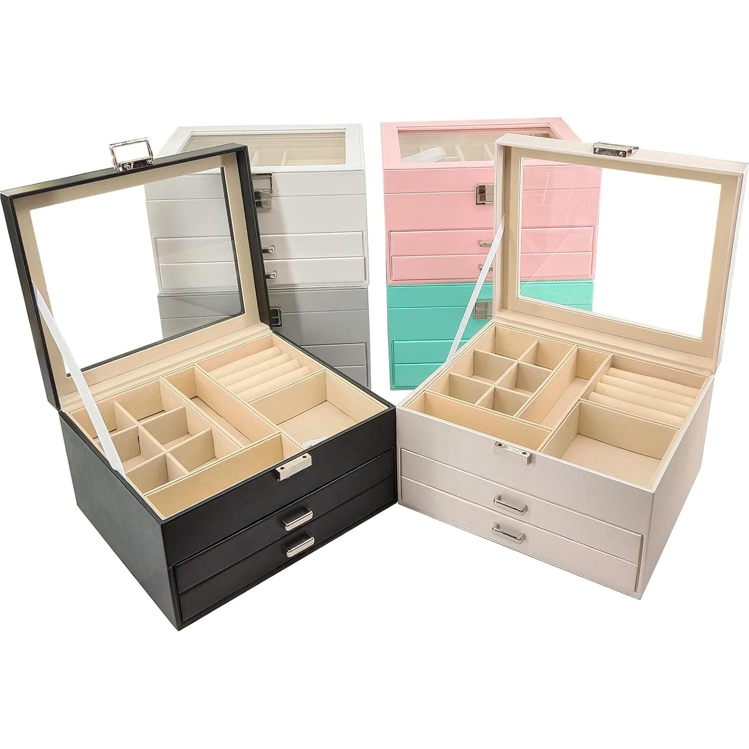 Caja de Joyería BOOVO Negra 3 Capas con Tapa Transparente