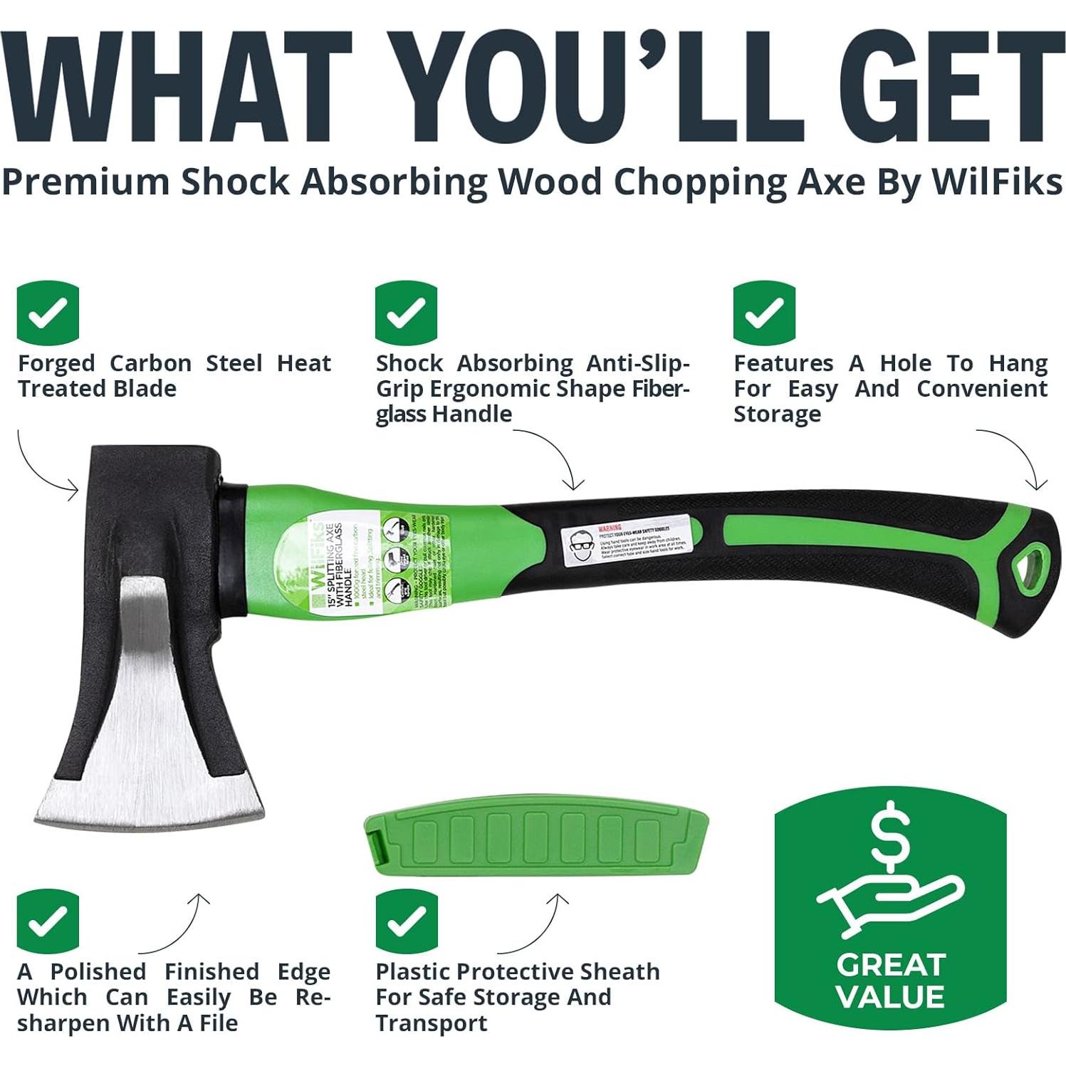 Hacha de Camping WilFiks 15" (38.1 cm) Acero Carbono Ergonomica