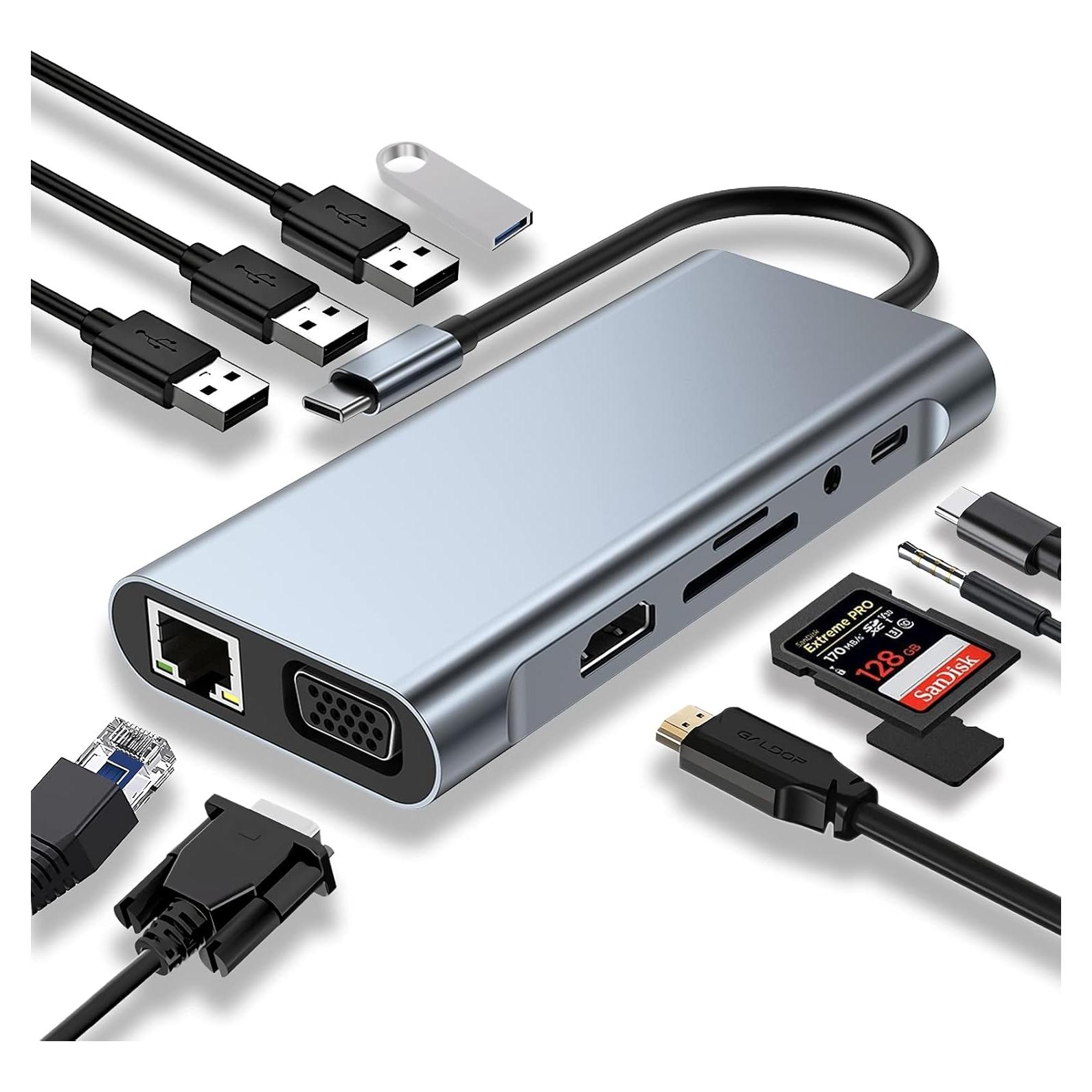 HUB USB-C 11 en 1 SZPACMATE con HDMI 4K, VGA, Ethernet