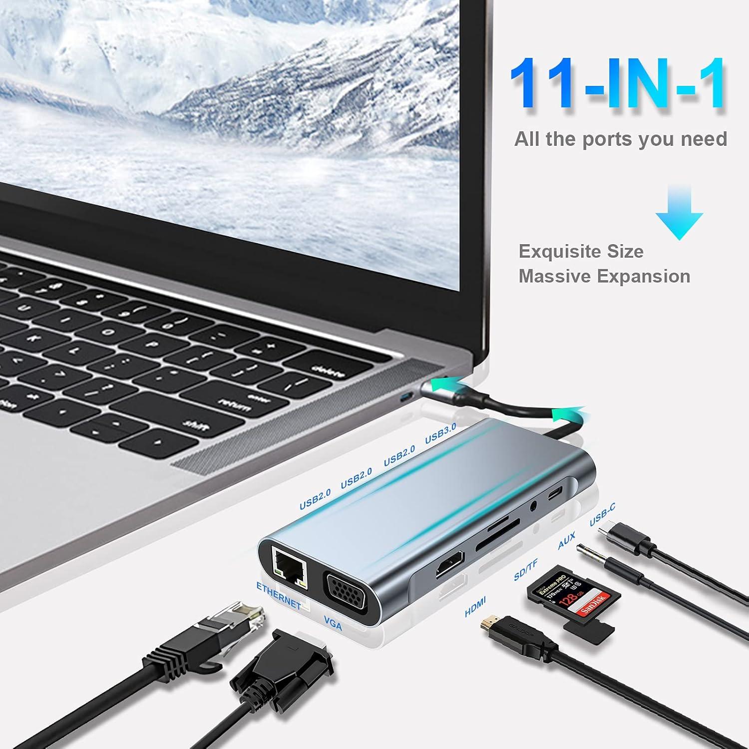 HUB USB-C 11 en 1 SZPACMATE con HDMI 4K, VGA, Ethernet