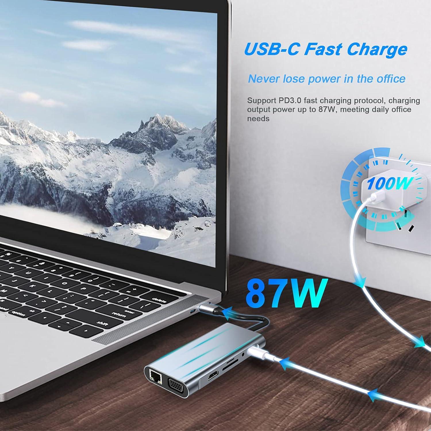 HUB USB-C 11 en 1 SZPACMATE con HDMI 4K, VGA, Ethernet