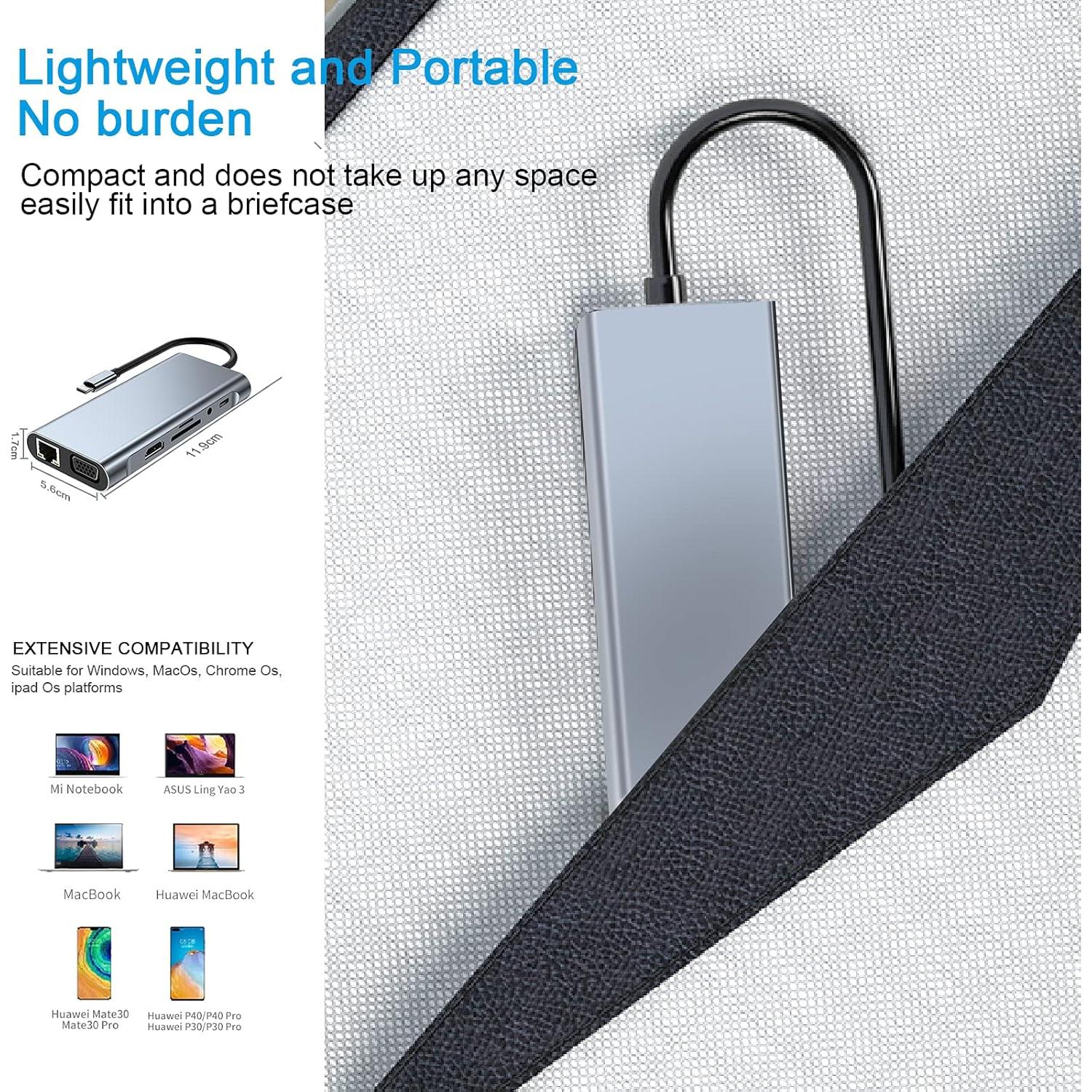 HUB USB-C 11 en 1 SZPACMATE con HDMI 4K, VGA, Ethernet