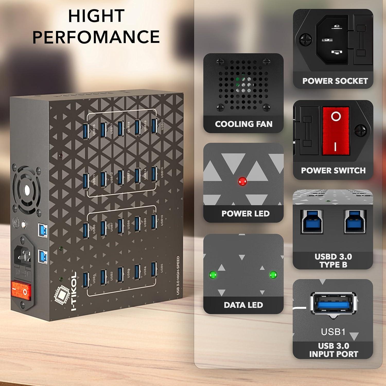 Hub Divisor USB 3.0 I-Tikol 20 Puertos 110W Alta Velocidad