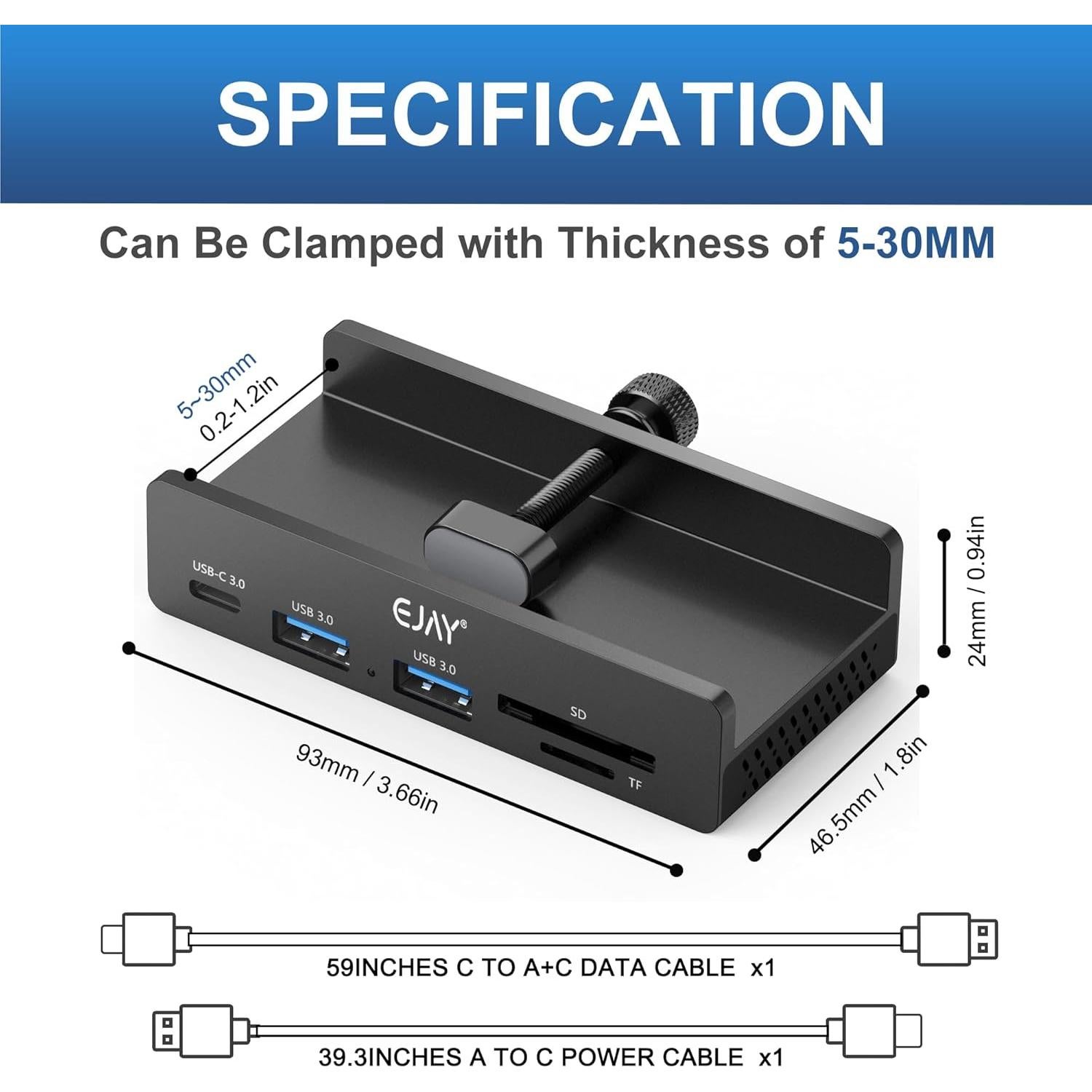 Hub USB 3.0 EJAY de 5 Puertos con Abrazadera y Lector de Tarjetas
