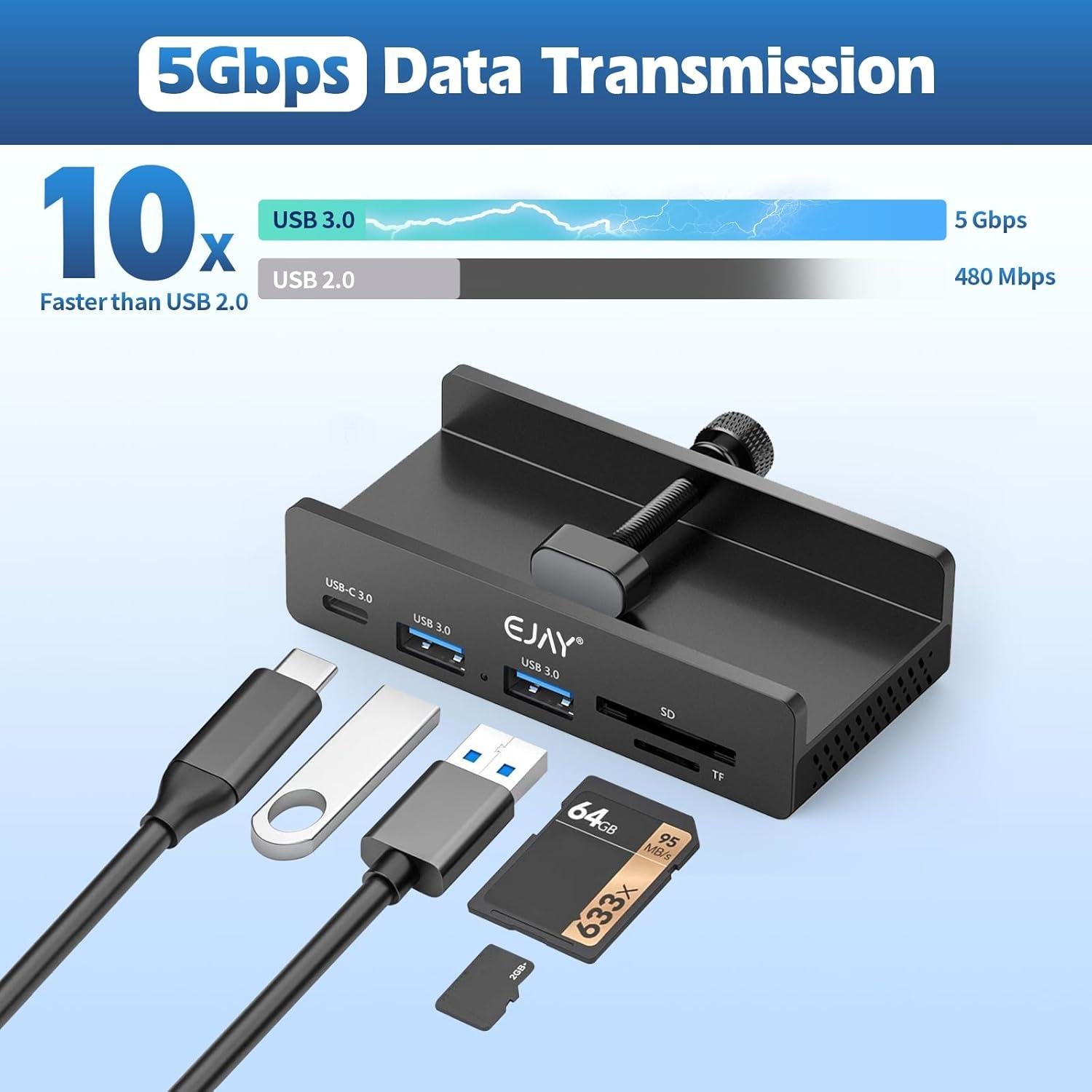 Hub USB 3.0 EJAY de 5 Puertos con Abrazadera y Lector de Tarjetas
