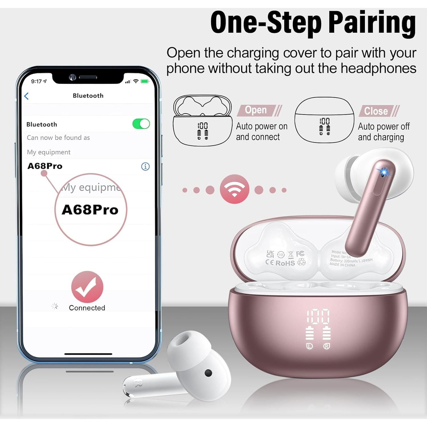 Auriculares de Traducción VEKJ A68 Pro Bluetooth 5.3 42H Rosa