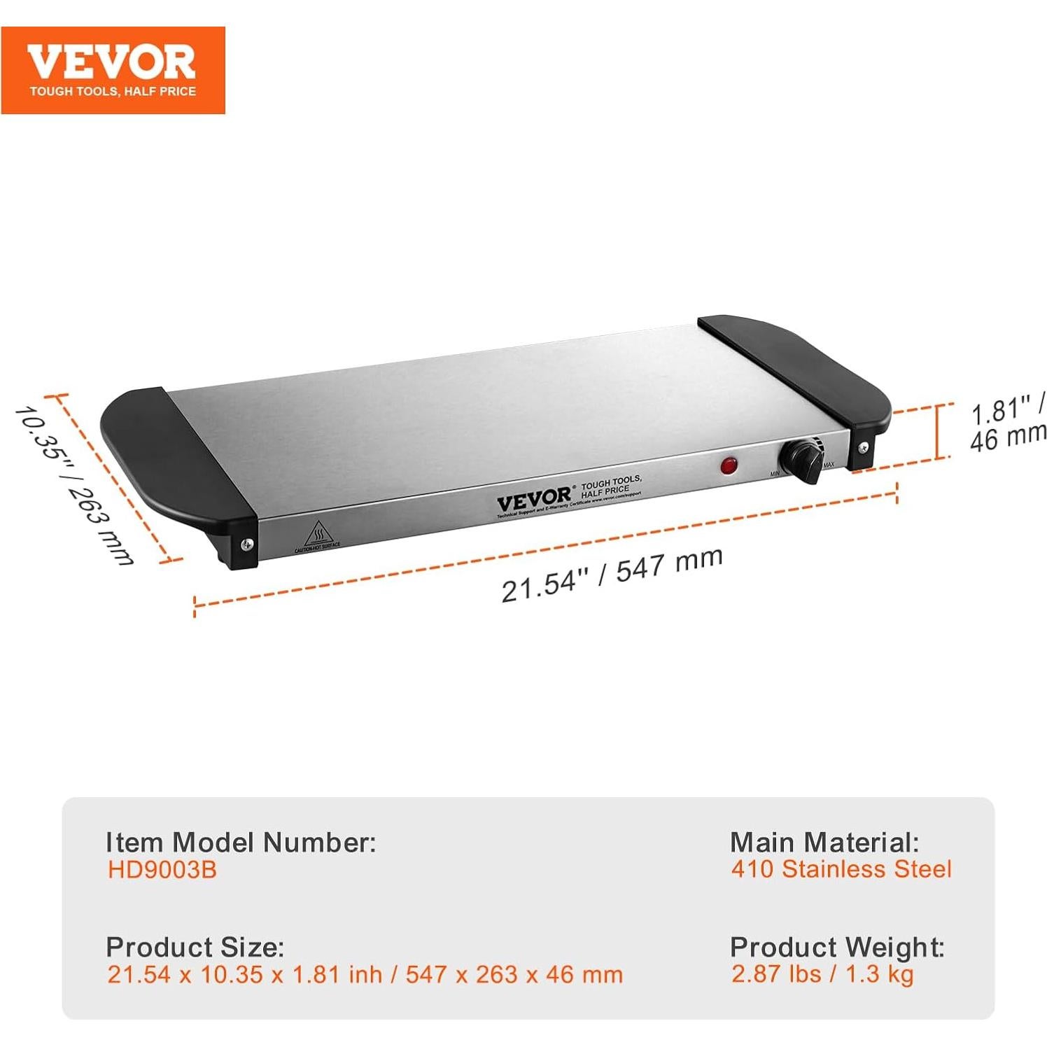 Bandeja Calentadora Eléctrica VEVOR 54.5x26cm Acero Inoxidable