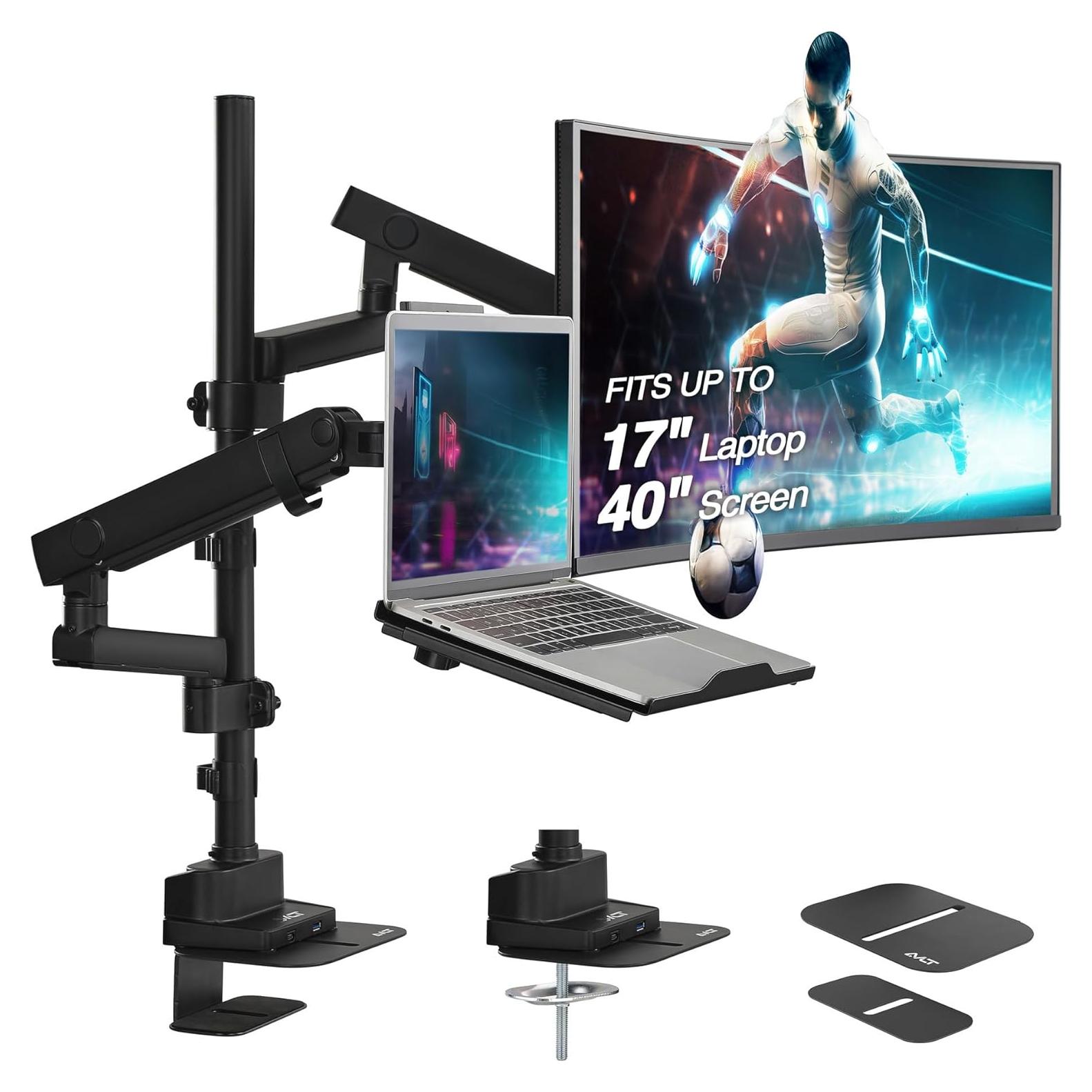 AVLT Laptop & 40 Inch Monitor Arm Pole Top Mount With USB-C USB-A Ports-Black, VESA Compatible, Supports 26.4 lbs (12 kg), Ultrawide Screen Fit, Adjustable Height, Tilt Swivel Rotate, Cable Management