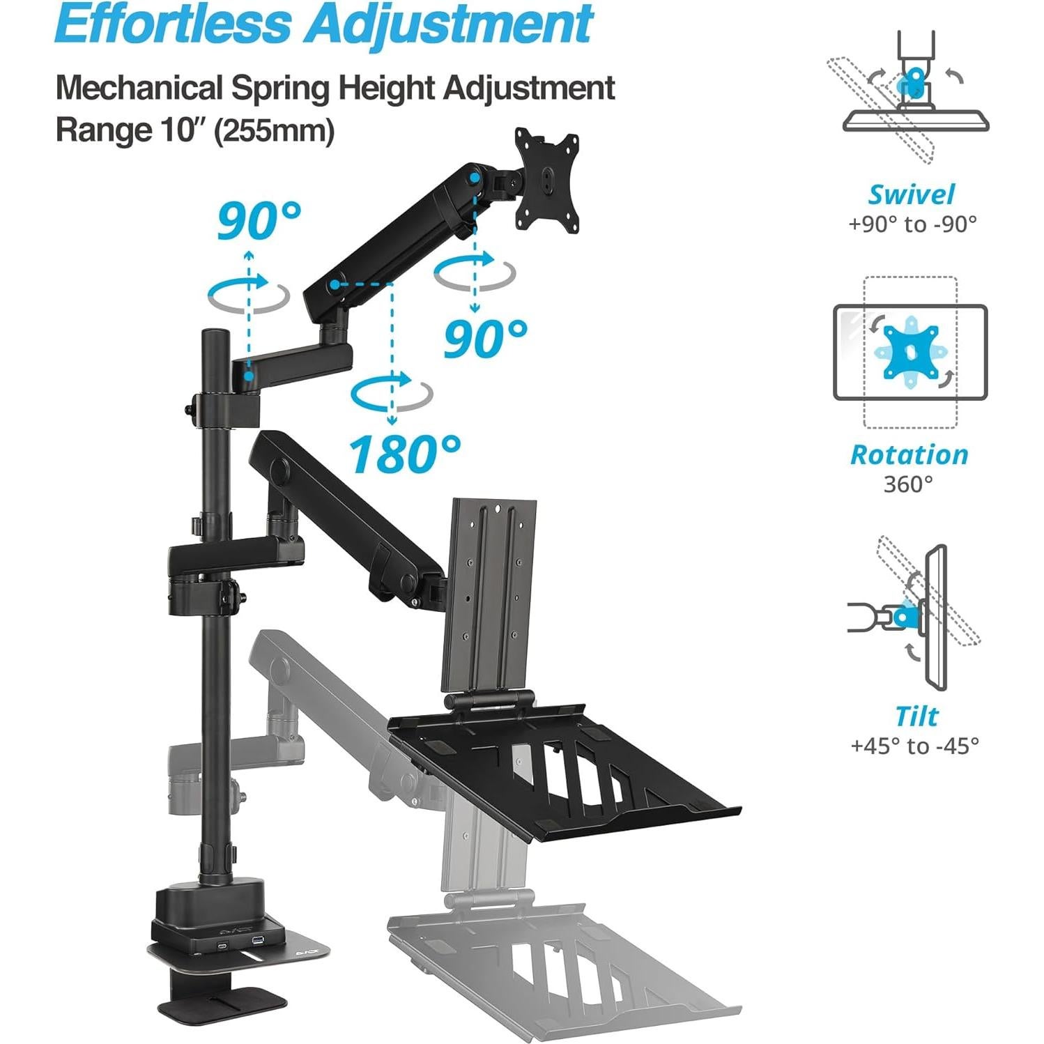 AVLT Laptop & 40 Inch Monitor Arm Pole Top Mount With USB-C USB-A Ports-Black, VESA Compatible, Supports 26.4 lbs (12 kg), Ultrawide Screen Fit, Adjustable Height, Tilt Swivel Rotate, Cable Management