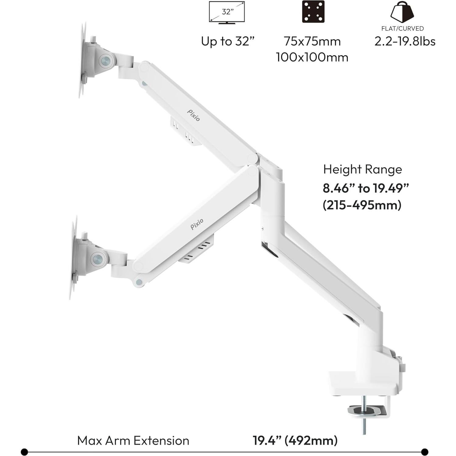 Soporte de brazo para monitor dual Pixio PS1D Wave Blanco - Hasta 32" y 9kg