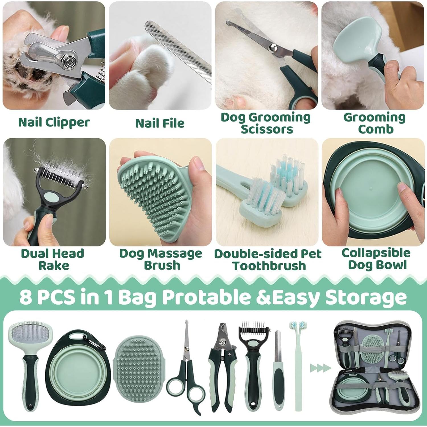 Kit de Aseo 8 en 1 LAMLENT para Perros y Gatos - Cepillo, Cortauñas, Peine, Tijeras, Cepillo de Dientes