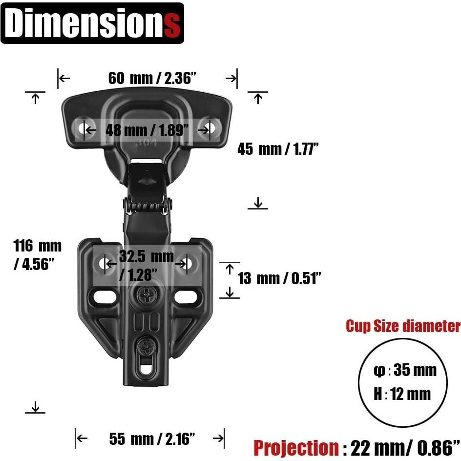Bisagras de Gabinete JQK Negras Cierre Suave 100° 4 Unidades