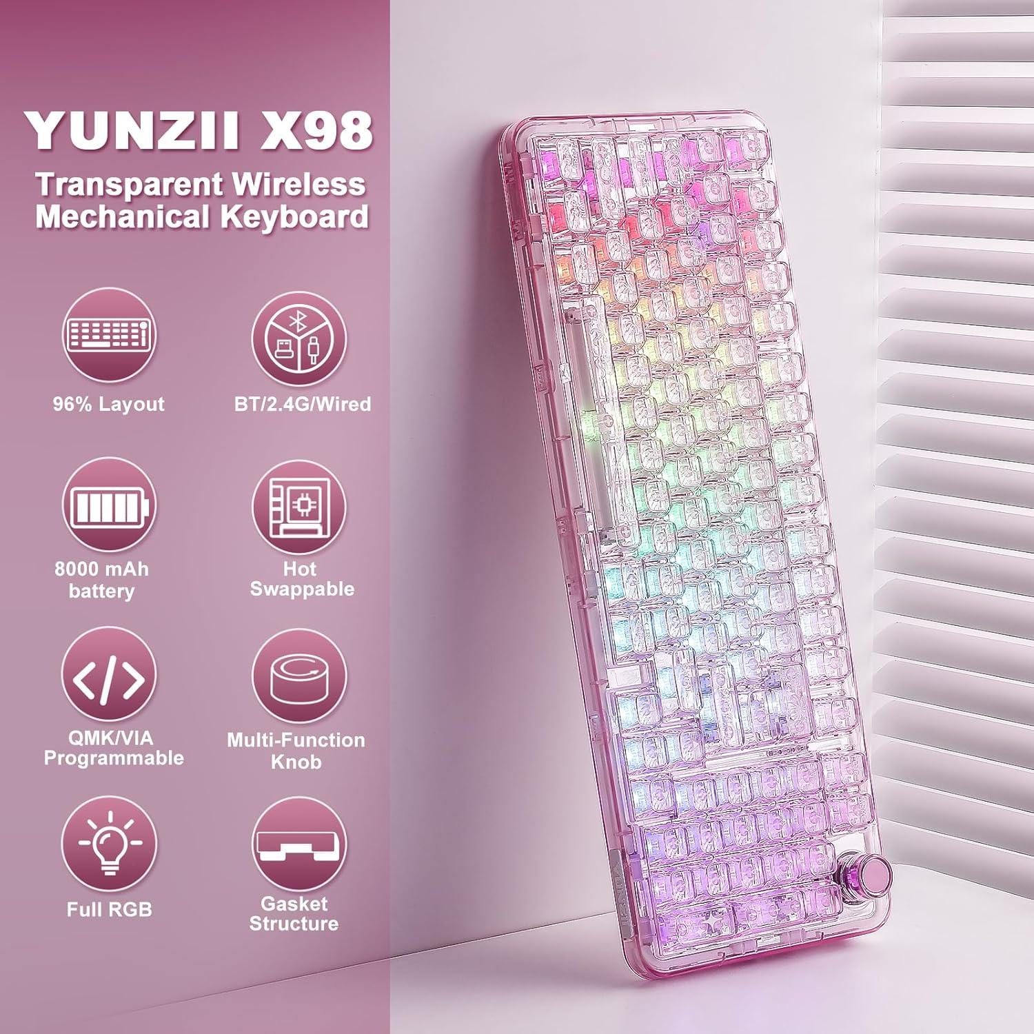 Teclado Mecánico Inalámbrico YUNZII X98 RGB Rosa Interruptor Snow