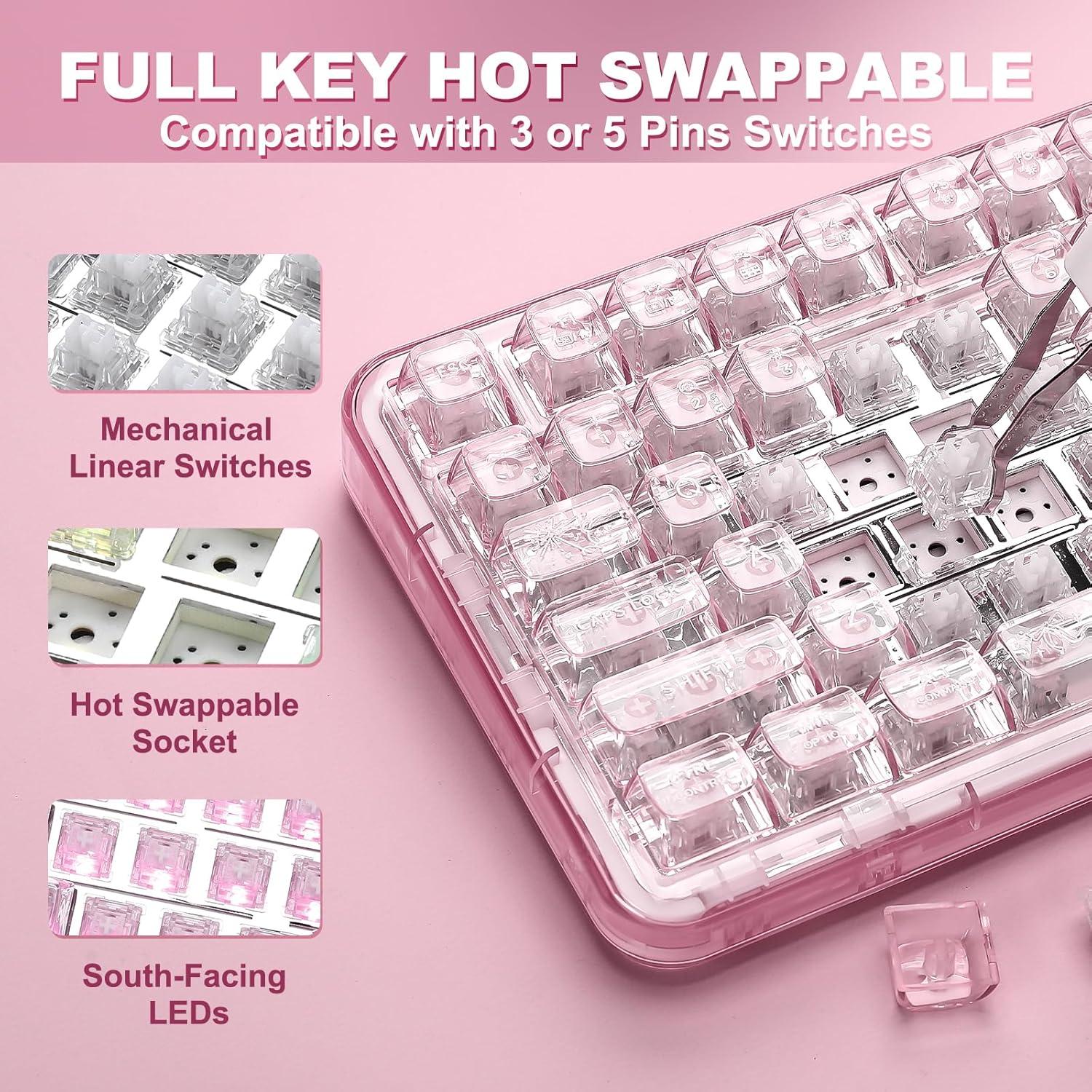 Teclado Mecánico Inalámbrico YUNZII X98 RGB Rosa Interruptor Snow