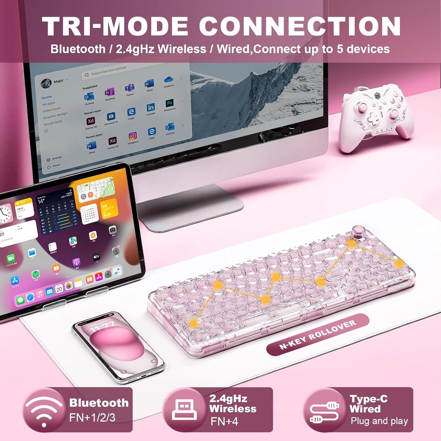 Teclado Mecánico Inalámbrico YUNZII X98 RGB Rosa Interruptor Snow