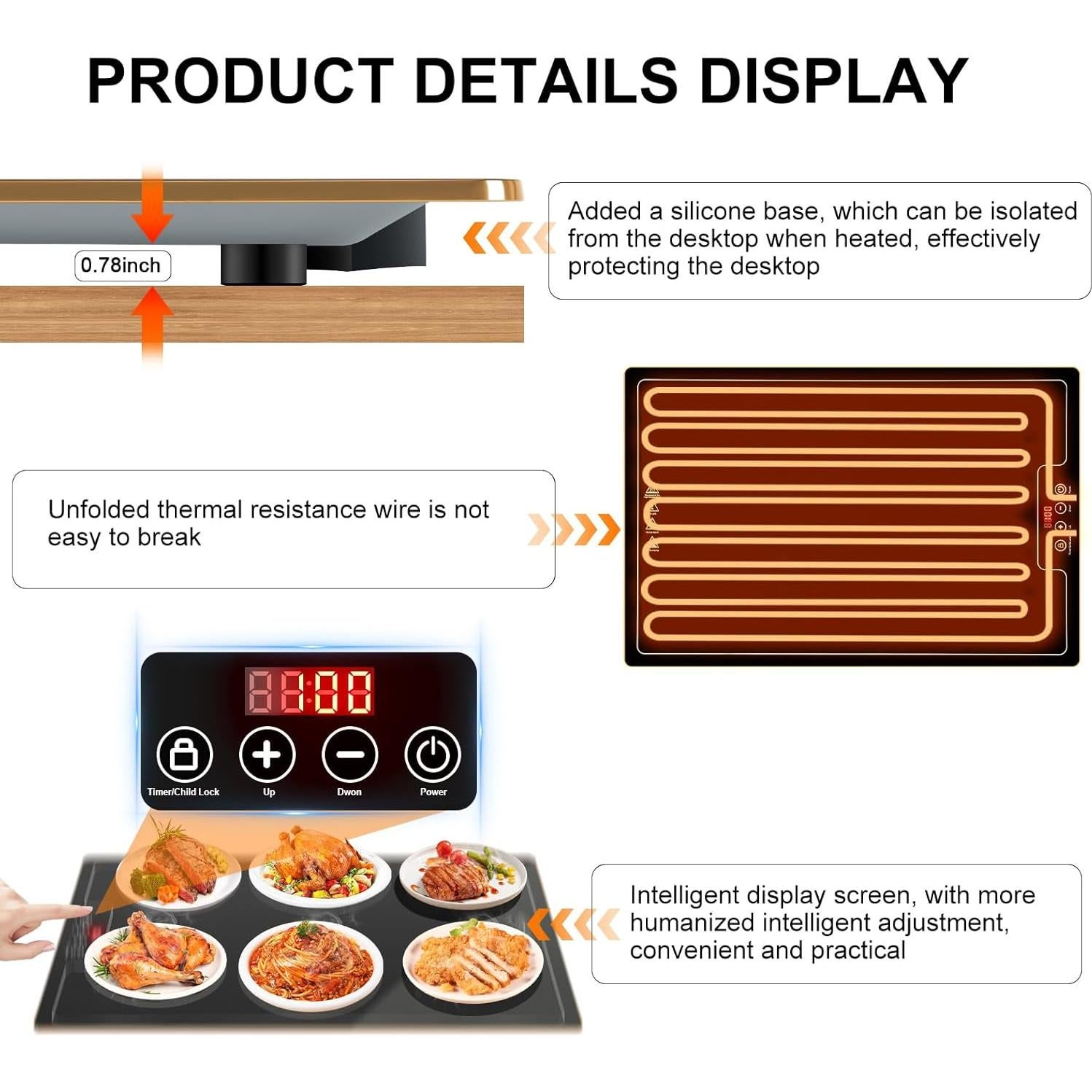 Bandeja Calentadora Eléctrica QEGOON 60.2x40.1cm con Termostato