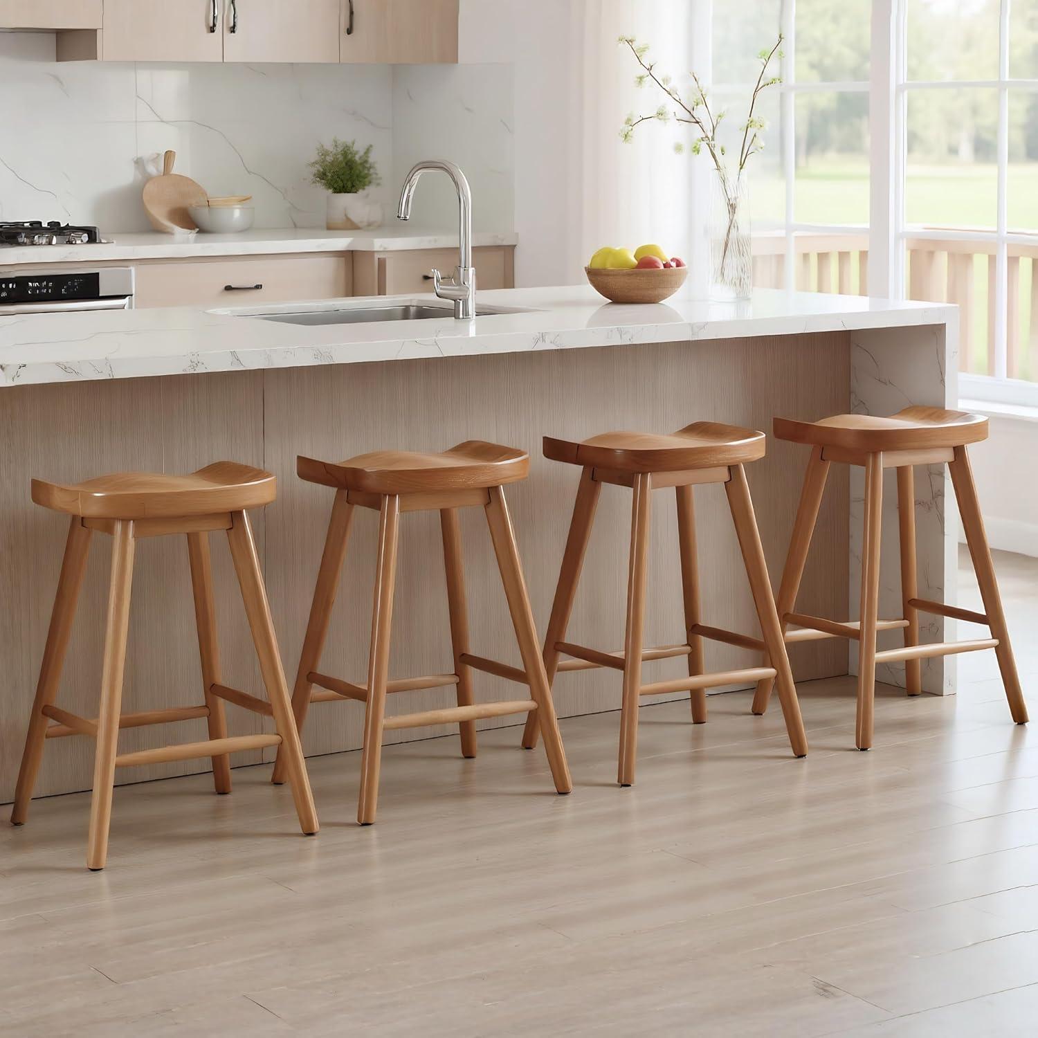 Set de 4 Taburetes de Bar HNY Madera Sólida Marrón 61.6 cm