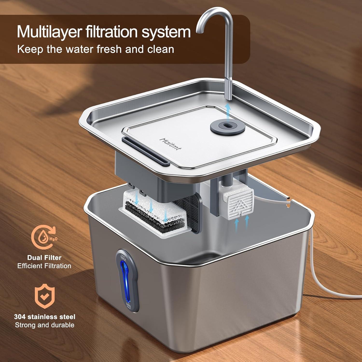 Fuente de Agua para Gatos Maitmt Acero Inoxidable 4L Silenciosa