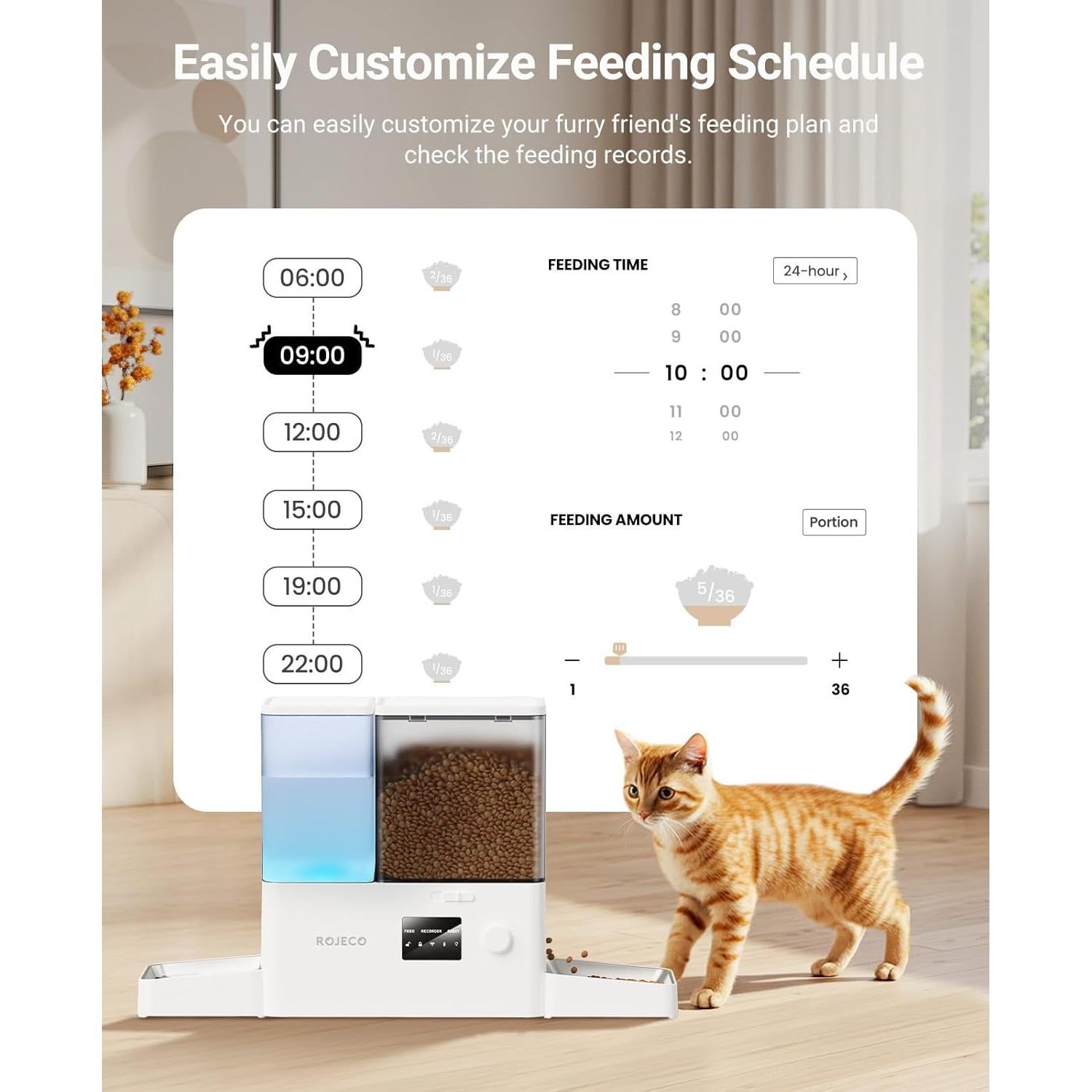 Comedero Automático Rojeco 8.5L WiFi y Dispensador de Agua 3.5L