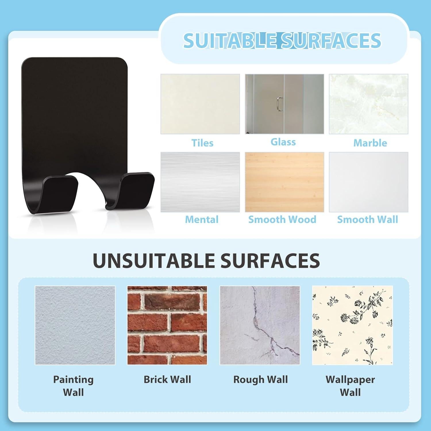 Soporte de Afeitar de Pared VIS'V, 2 Ganchos Adhesivos Negro