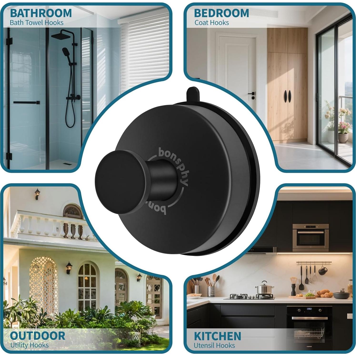Ganchos de Ventosa para Toallas Bonsphy - 2 Piezas Negro Mate