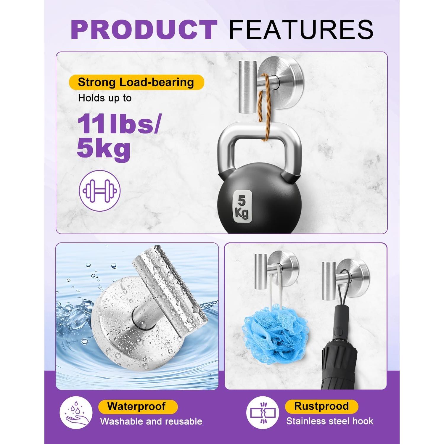 Ganchos de Succión Sin Perforación Bathiin - Acero Inoxidable 3 Pzas